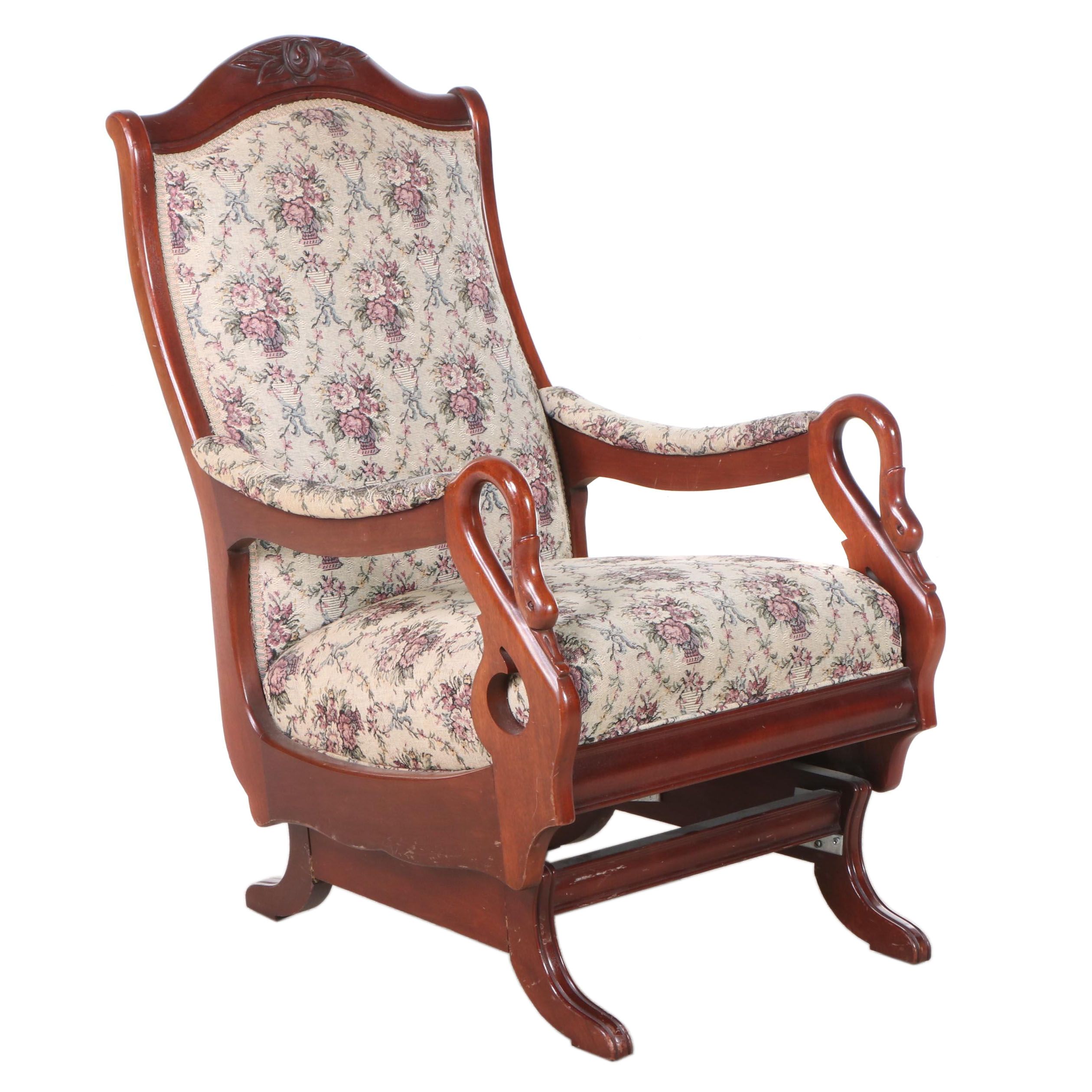 Classical Style Rose-Carved Mahogany Platform-Rocking Chair with Gooseneck Arms