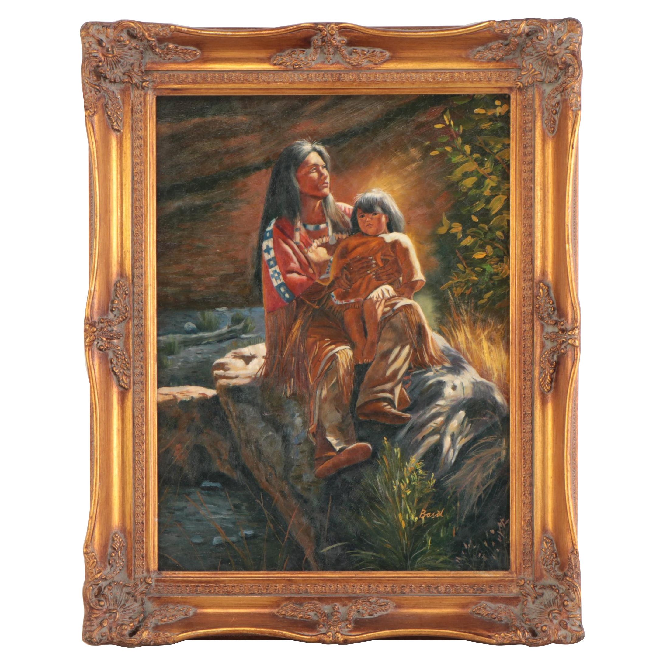 Oil Painting of Native American Mother and Child