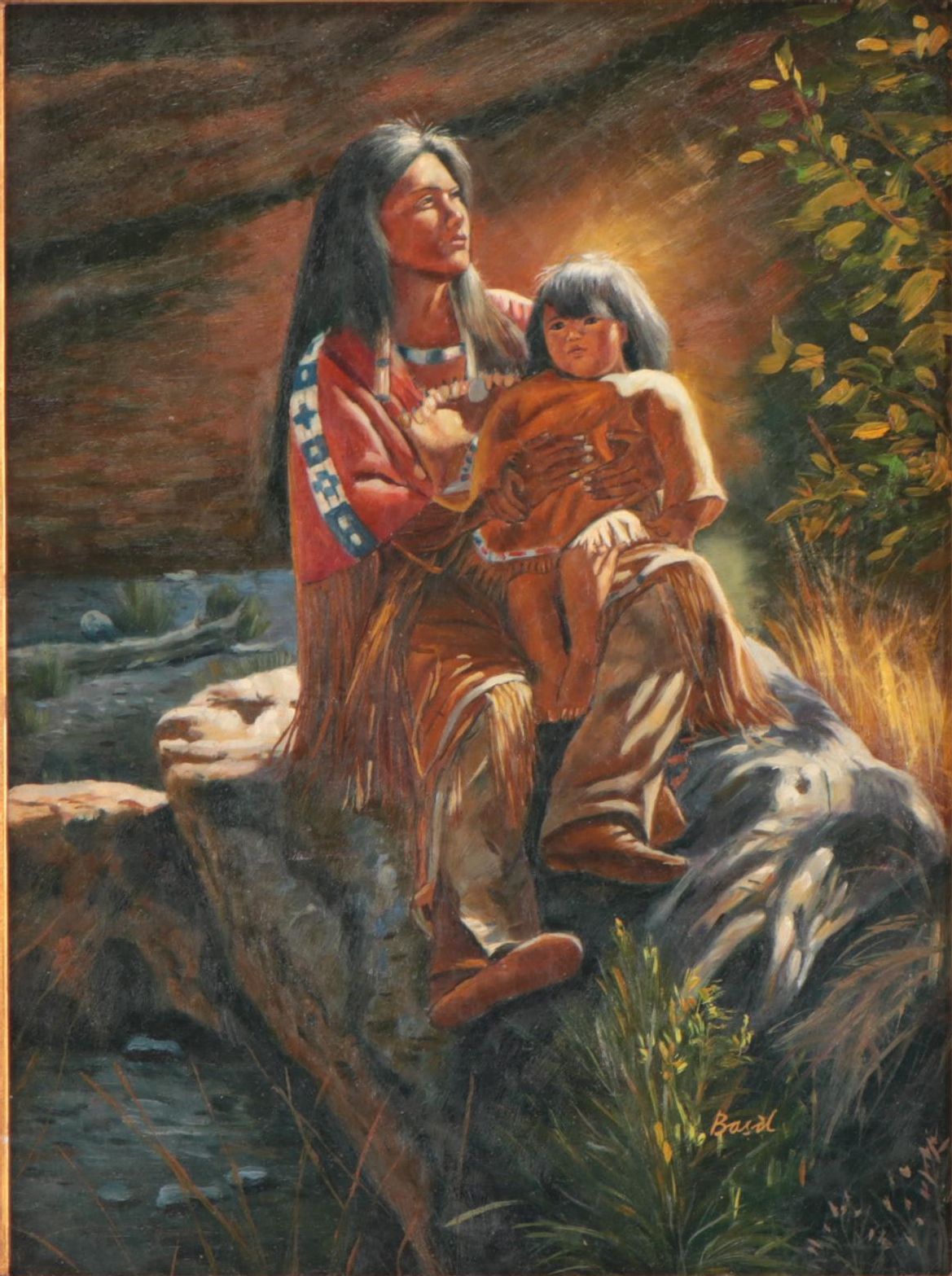 Oil Painting of Native American Mother and Child