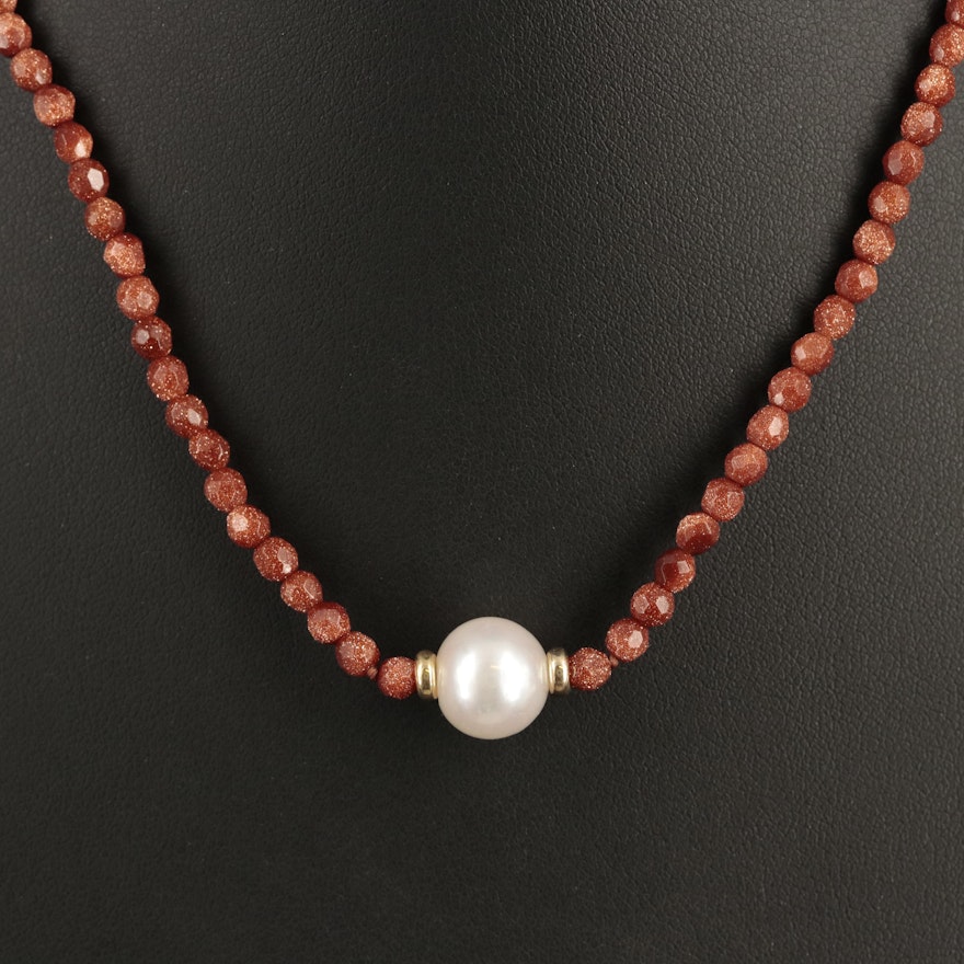 14K Pearl and Goldstone Glass Beaded Necklace