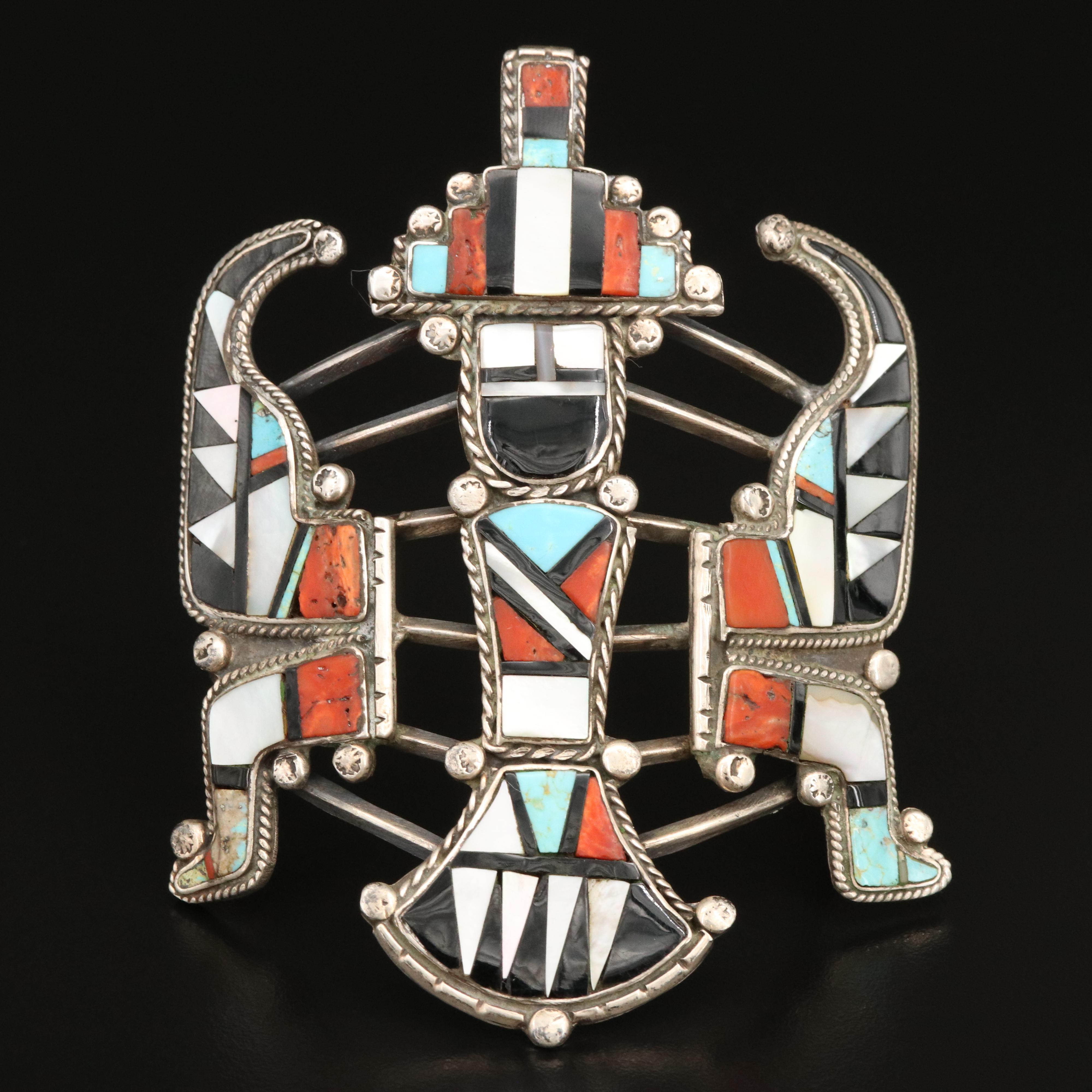 Sterling Knifewing Inlay Cuff Including Turquoise and Coral