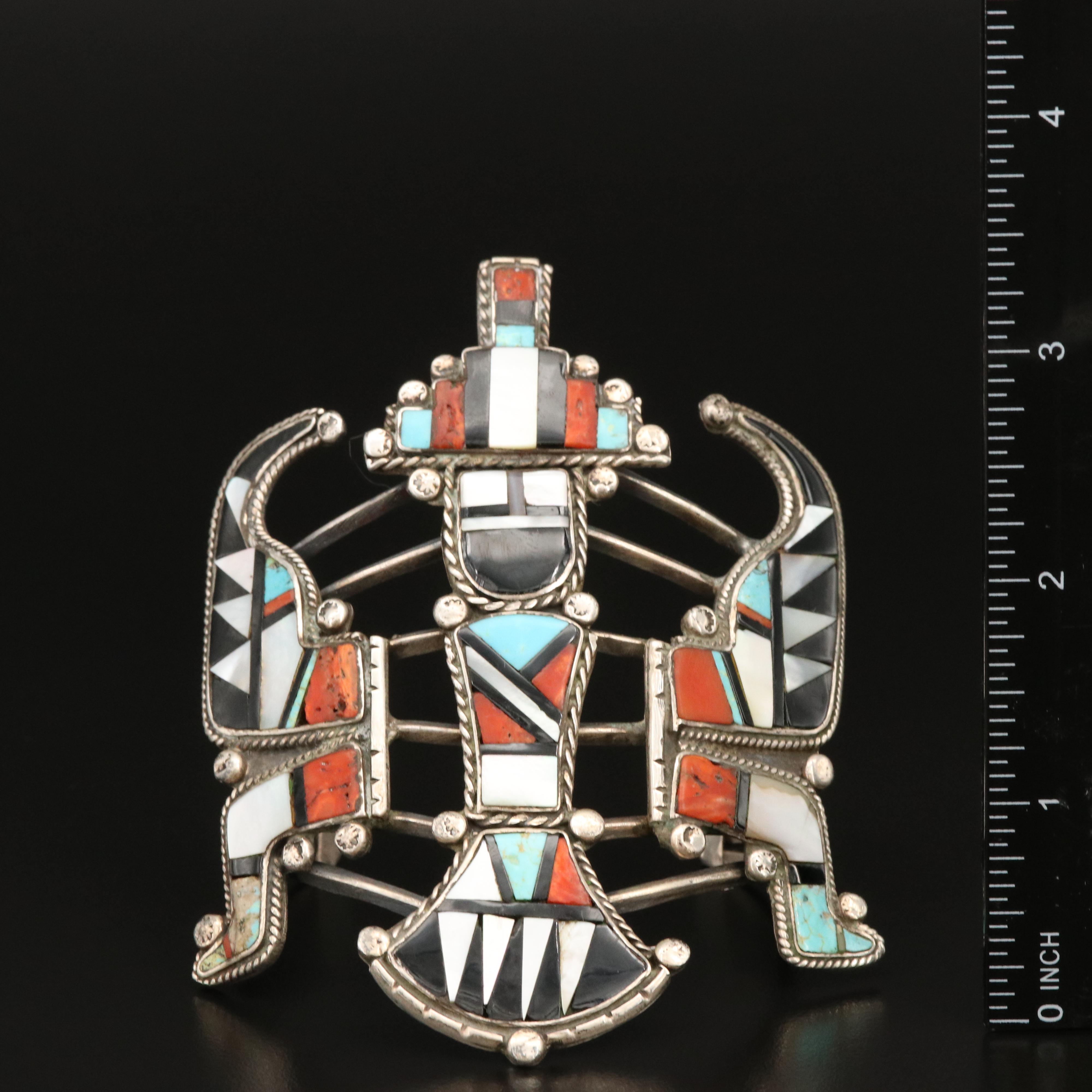 Sterling Knifewing Inlay Cuff Including Turquoise and Coral