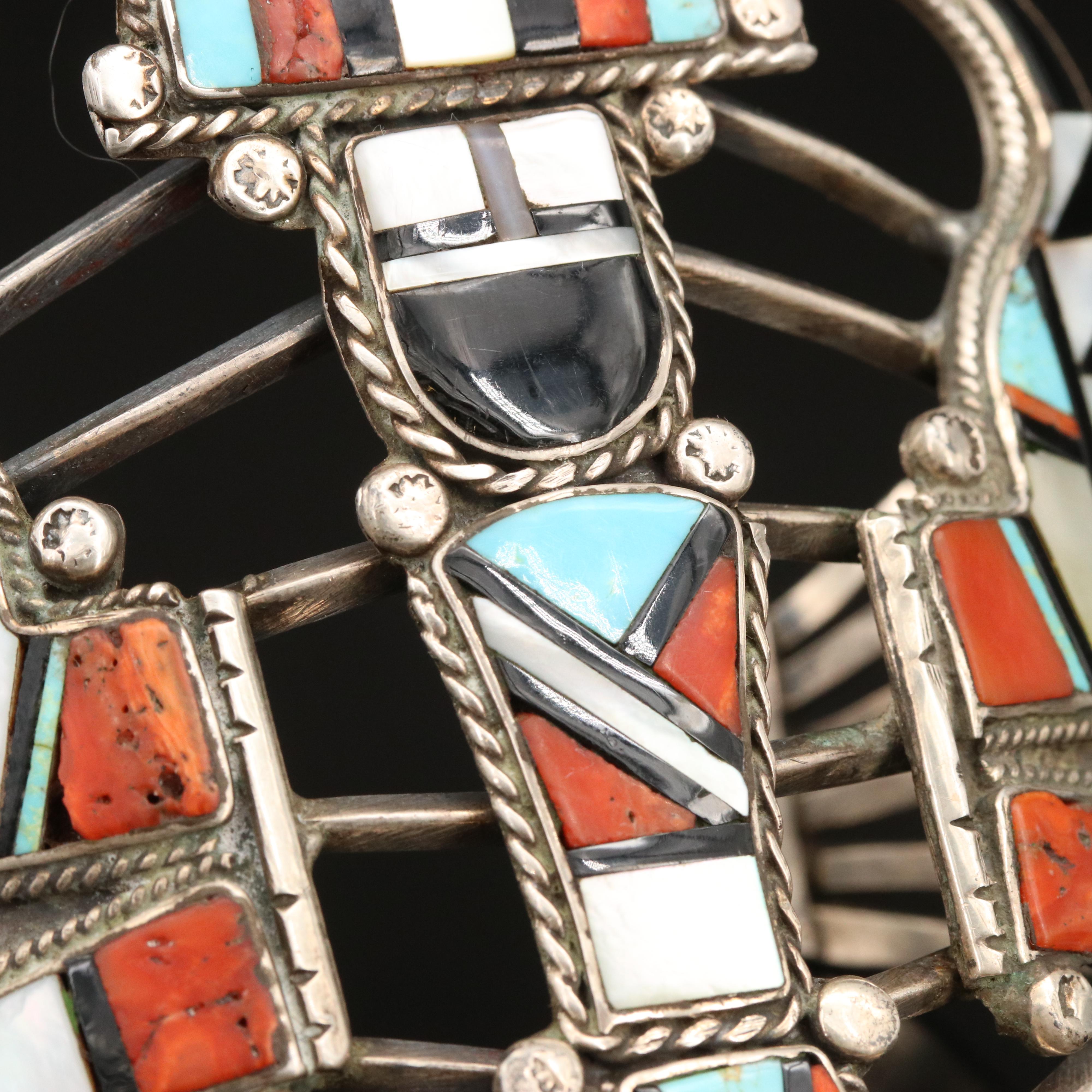Sterling Knifewing Inlay Cuff Including Turquoise and Coral