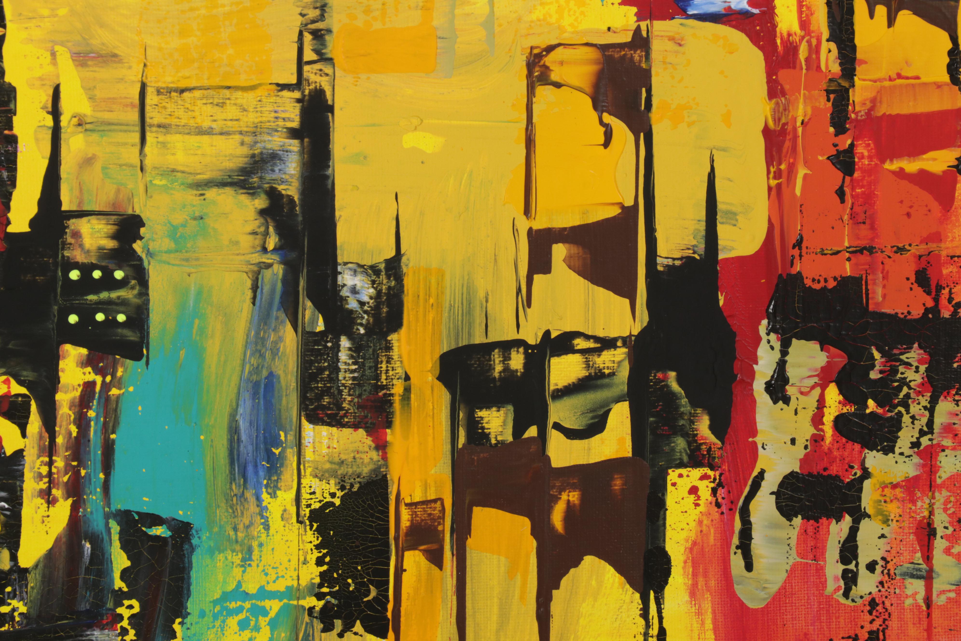 Farshad Lanjani Acrylic Painting of Abstract Cityscape, 21st Century