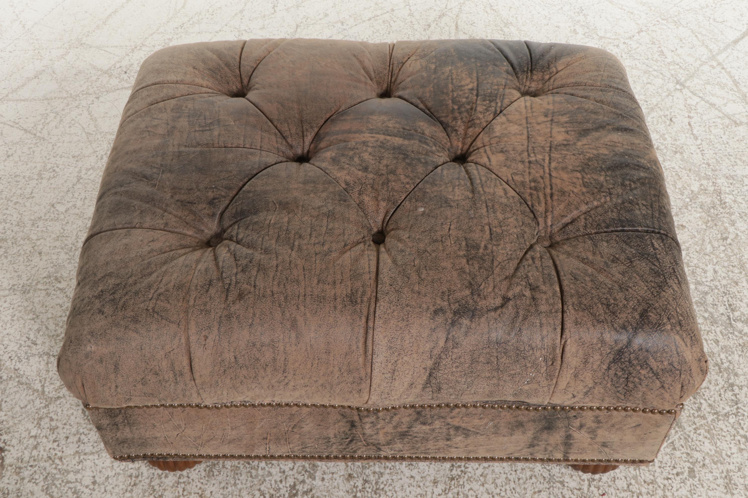 Ethan Allen Distressed Faux Leather and Brass-Tacked Ottoman