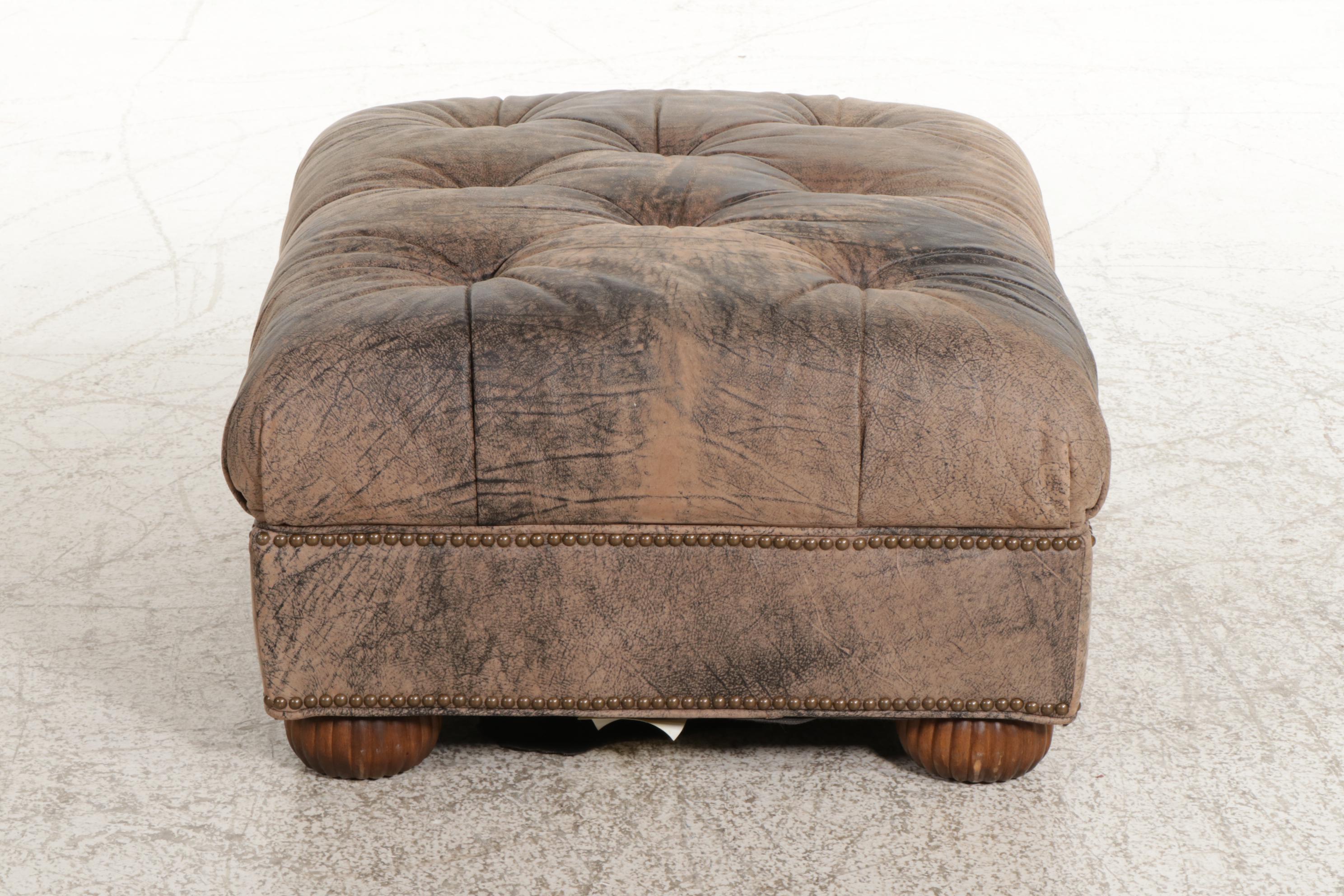 Ethan Allen Distressed Faux Leather and Brass-Tacked Ottoman