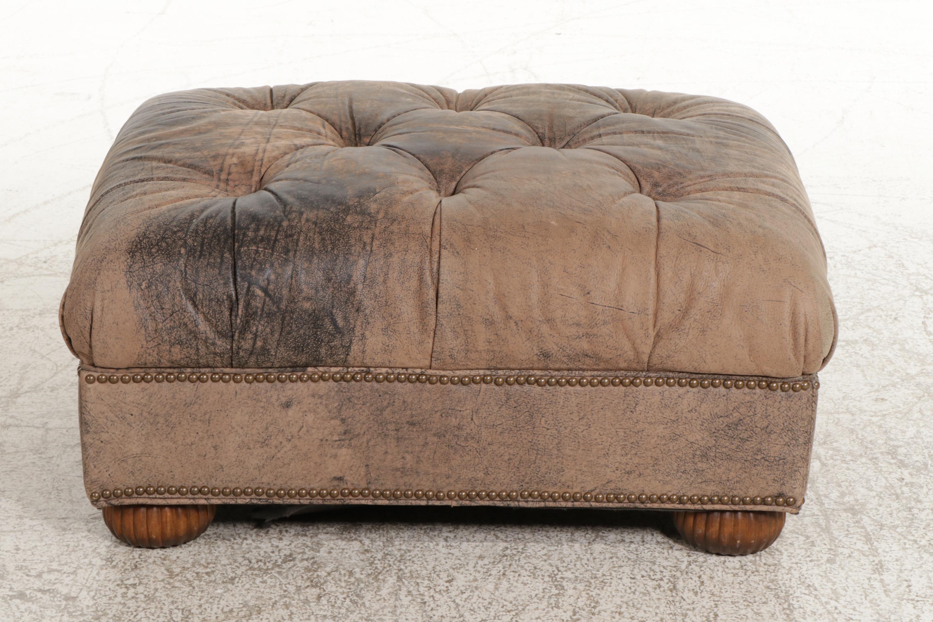 Ethan Allen Distressed Faux Leather and Brass-Tacked Ottoman