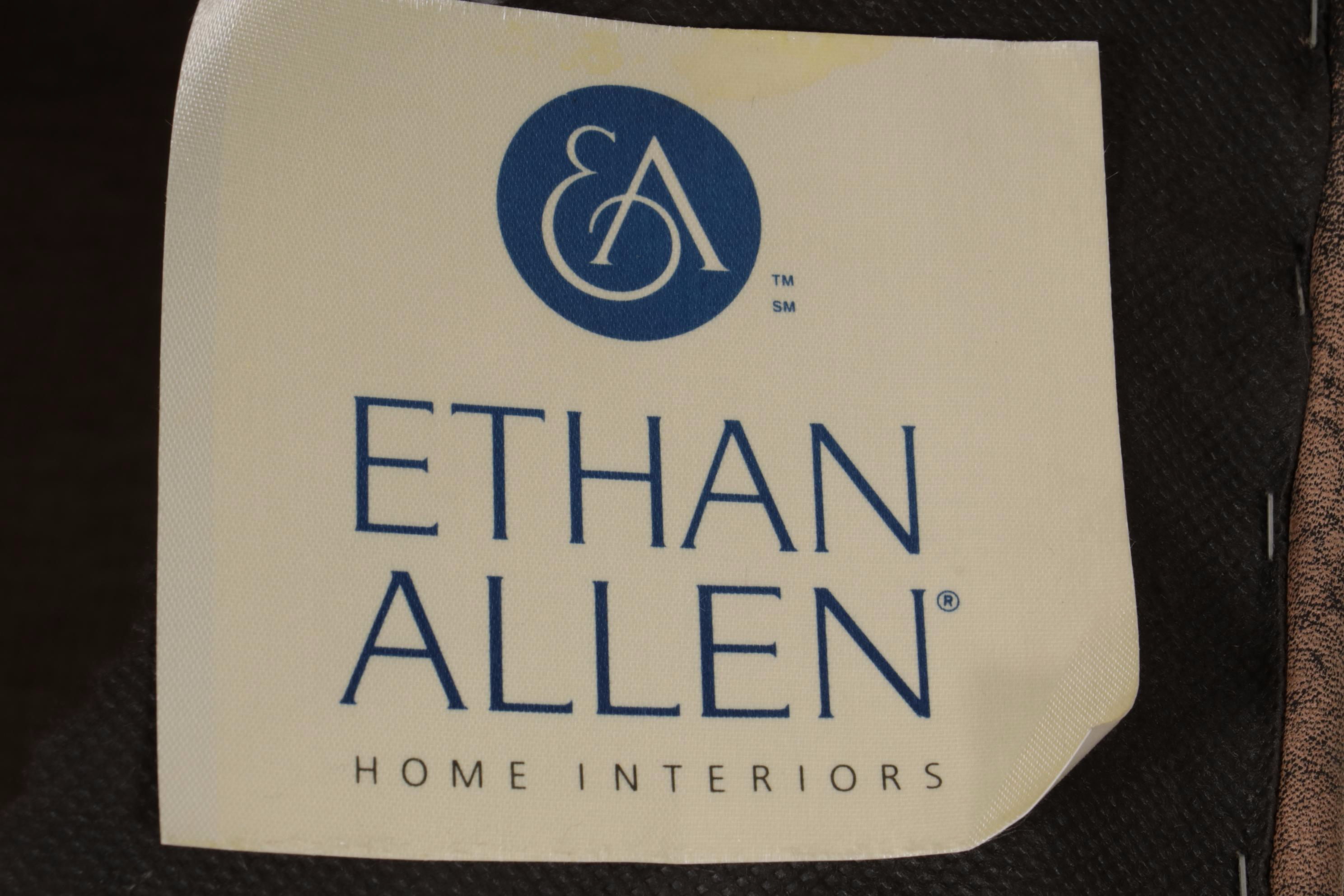 Ethan Allen Distressed Faux Leather and Brass-Tacked Ottoman