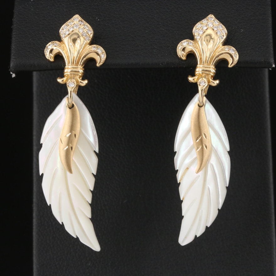 14K Mother-of-Pearl and Diamond Fleur-de-Lis Feather Earrings