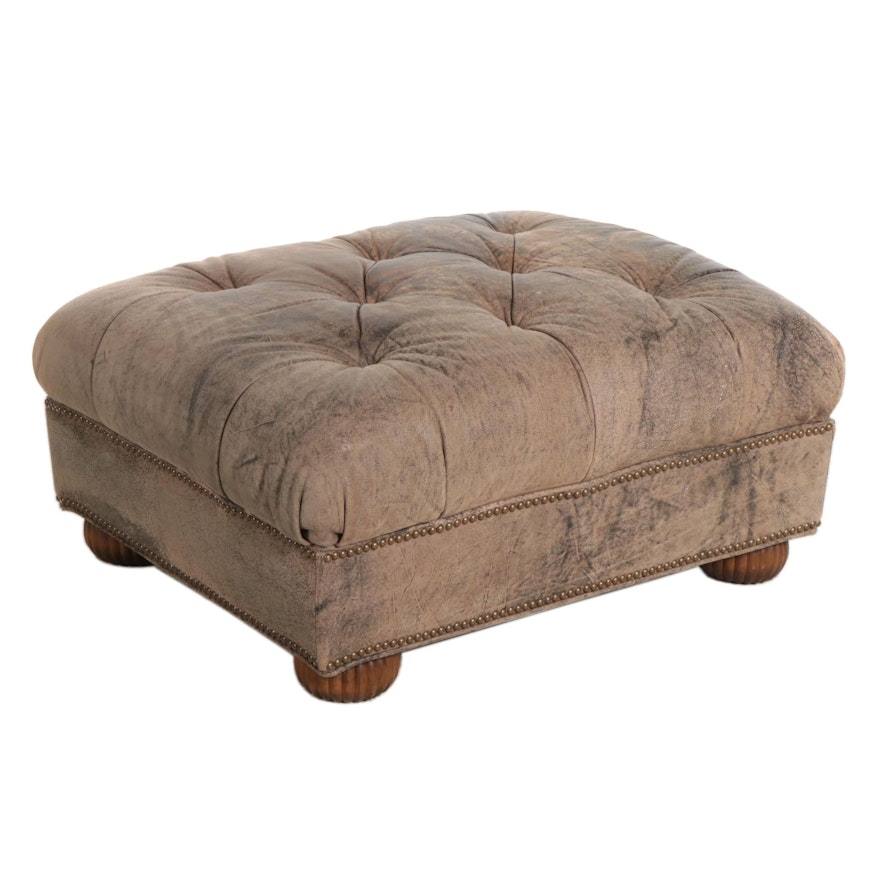 Ethan Allen Distressed Faux Leather and Brass-Tacked Ottoman
