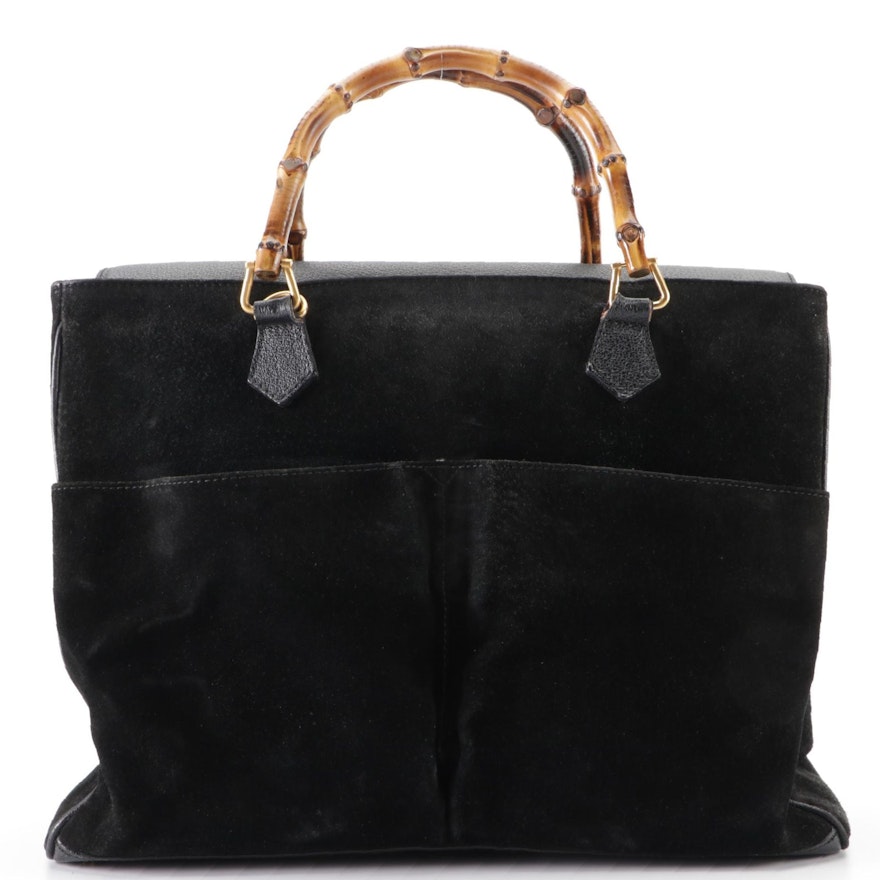 Gucci Medium Bamboo Shopper Tote in Black Suede and Cinghiale Leather