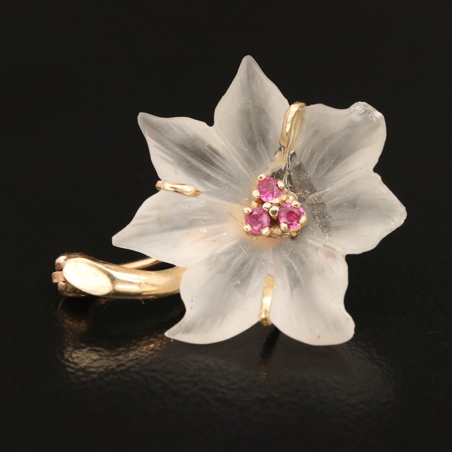 14K Rock Crystal Quartz and Ruby Flower Pendant