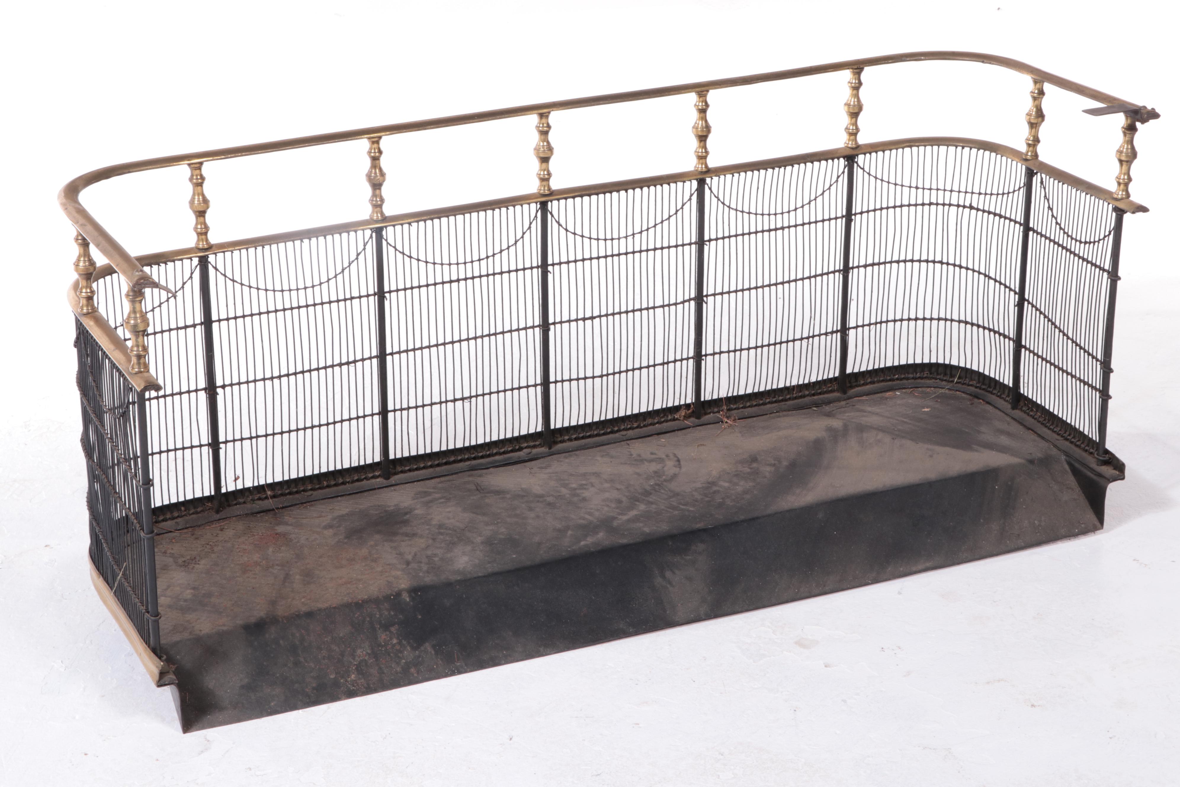 English Brass and Wire Fender with Brass Andirons and Firescreen