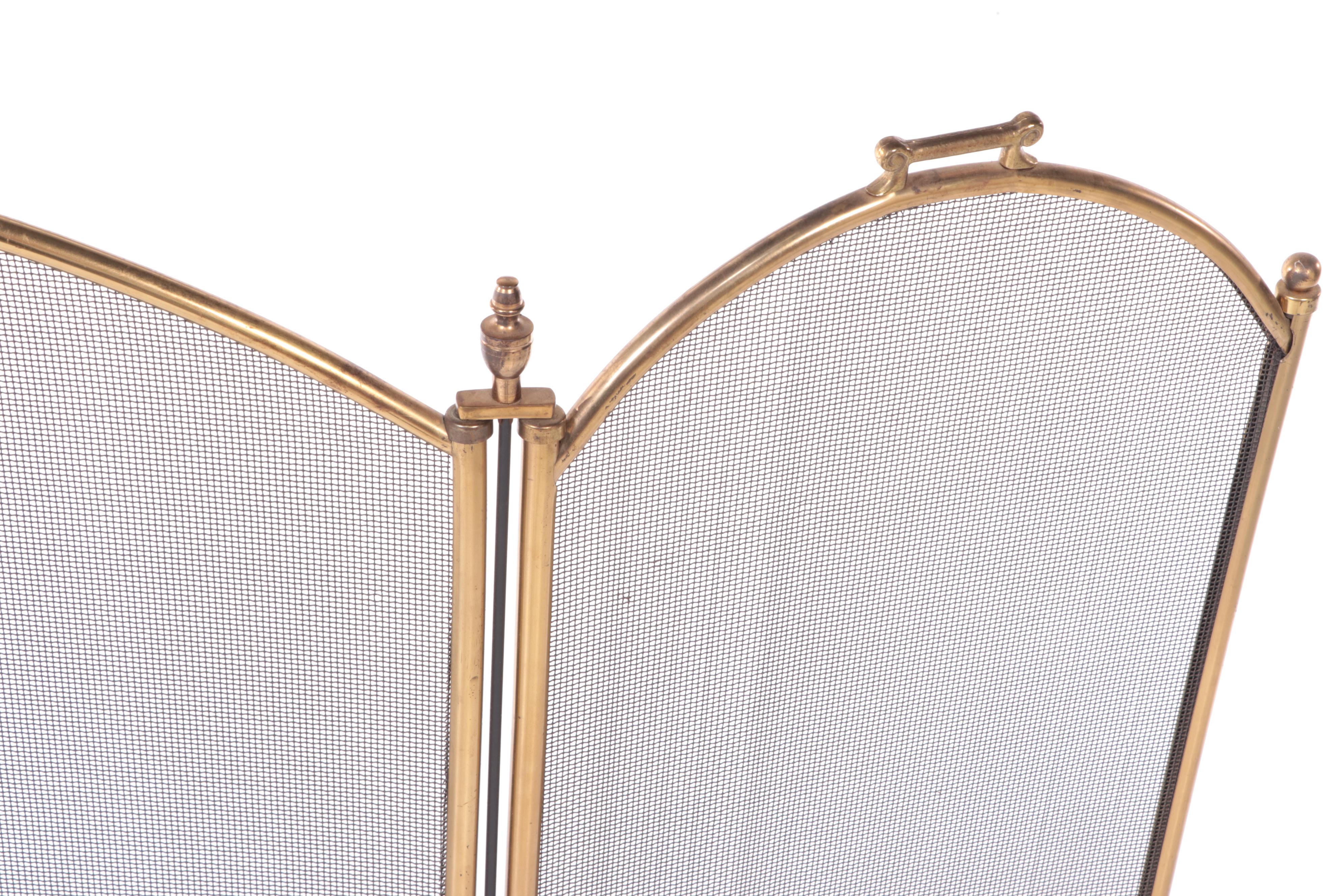 English Brass and Wire Fender with Brass Andirons and Firescreen
