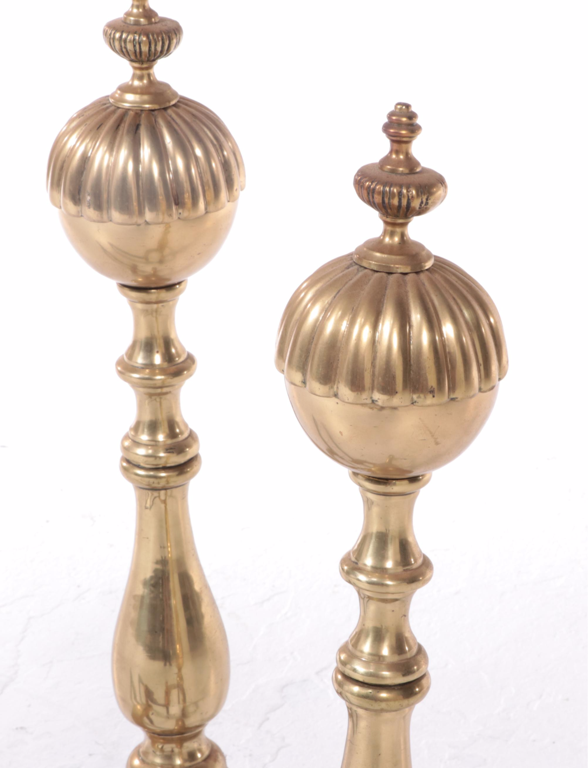 English Brass and Wire Fender with Brass Andirons and Firescreen