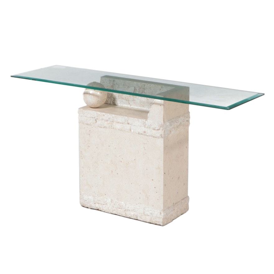 Modernist Style Glass Top Console Table on Sculptural Marble Base, Late 20th C.