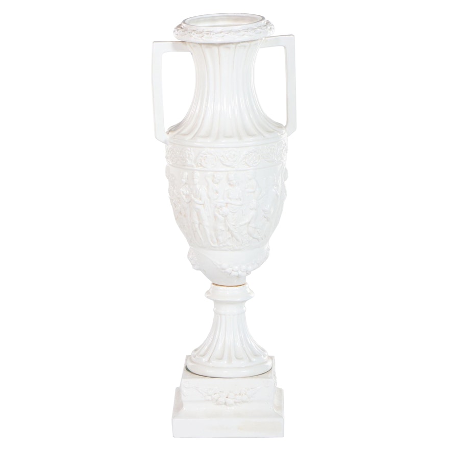 Neoclassical Style White Glazed Pedestal Urn