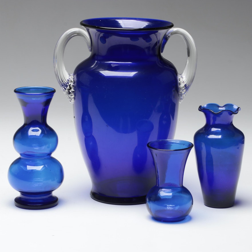 Cobalt Glass Handled Vase and Bud Vases