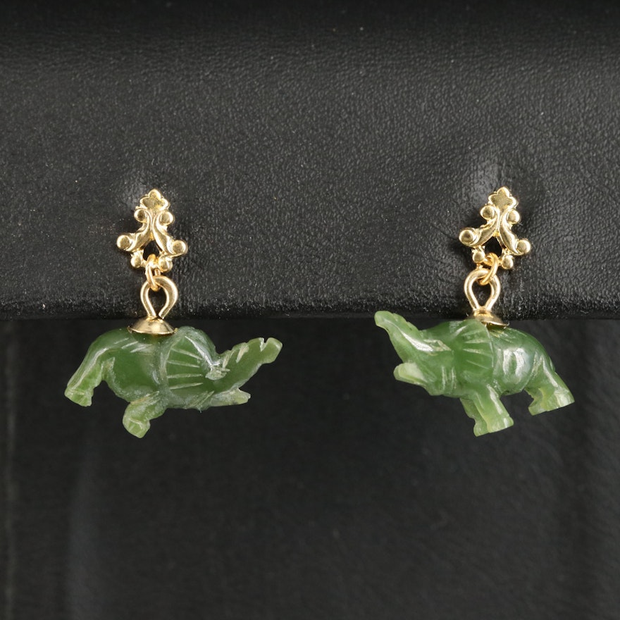 14K Carved Nephrite Elephant Drop Earrings