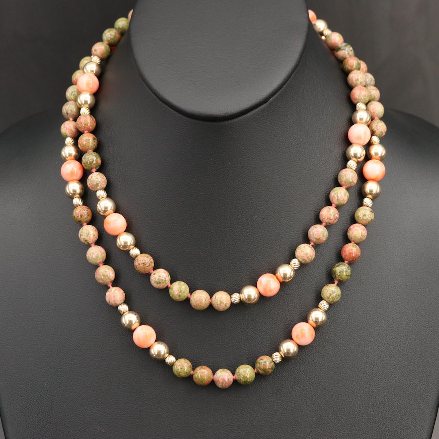 14K Unakite and Coral Station Necklace