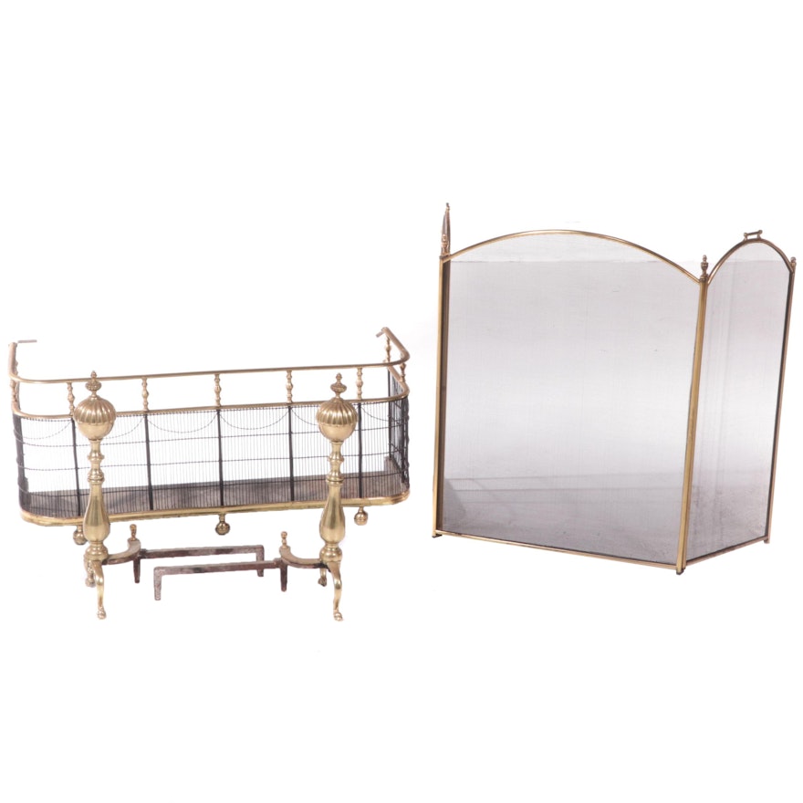 English Brass and Wire Fender with Brass Andirons and Firescreen