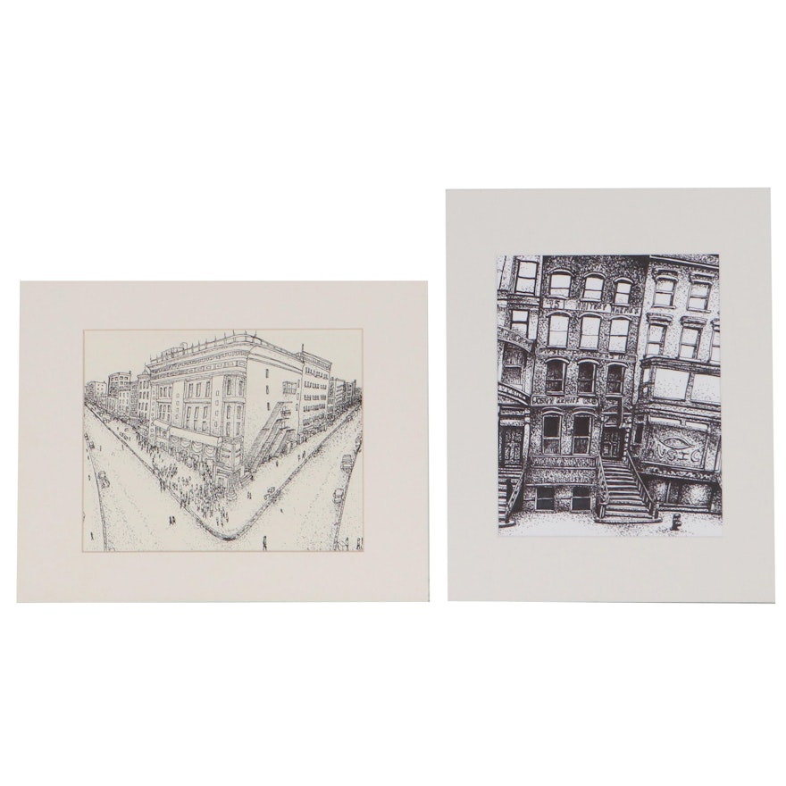 Aaron Wooten Pen and Ink Drawings "New York Shop" and "Downtown Chicago"