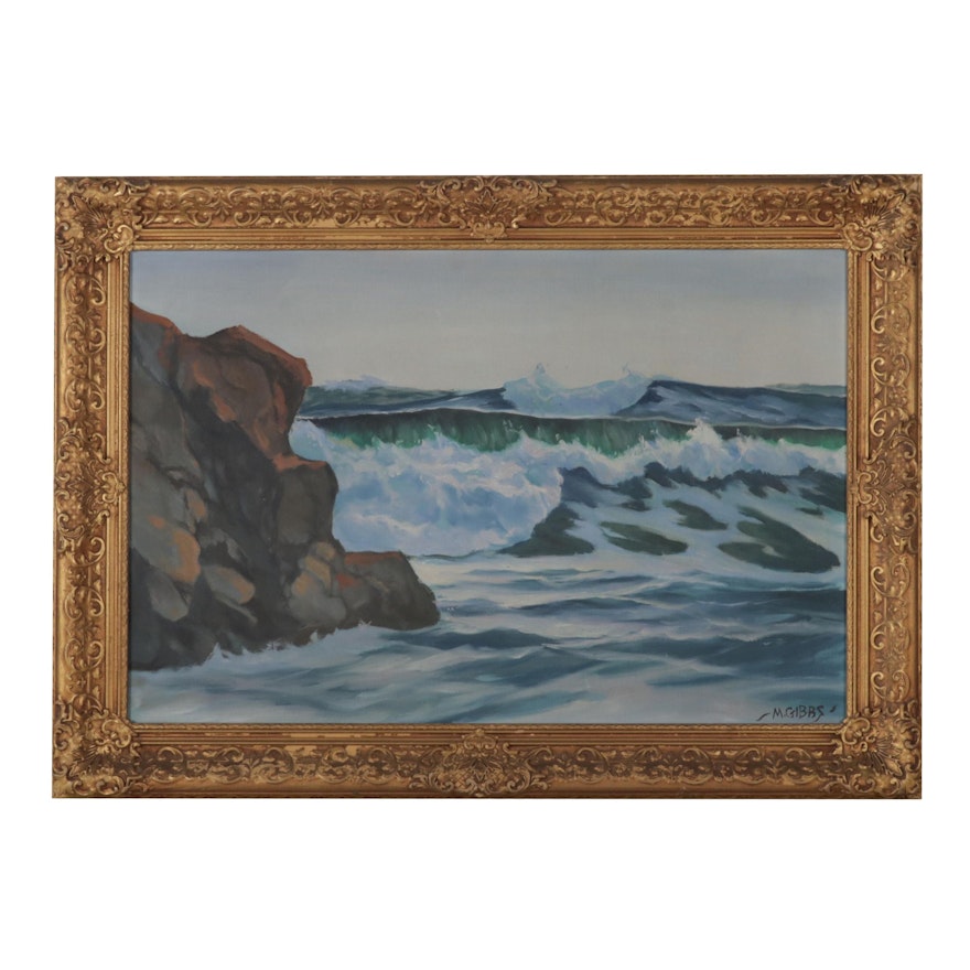 M. Gibbs Seascape Oil Painting of Waves on Rocky Outcrop, Mid-Late 20th Century