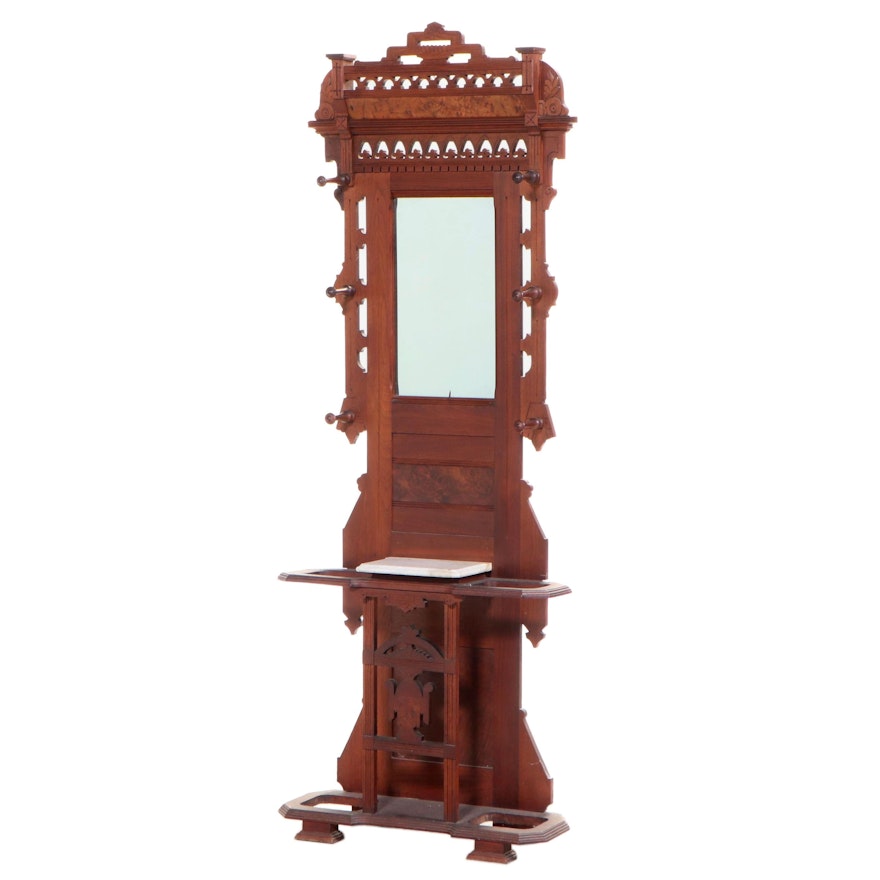 Victorian Walnut, Burl Walnut, and White Marble Hall Stand, Late 19th Century