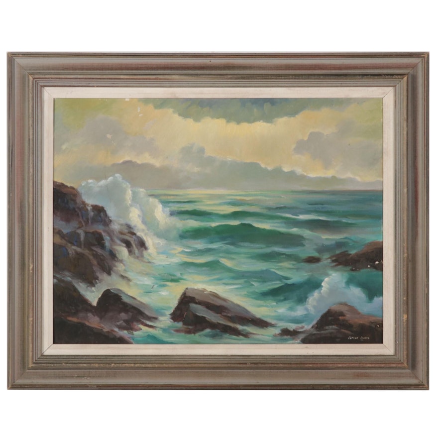 Janice James Seascape Oil Painting of Rocky Coast, Mid-Late 20th Century