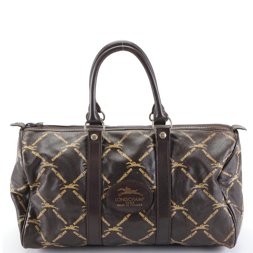 Longchamp Medium Boston Bag in Printed Dark Brown Leather
