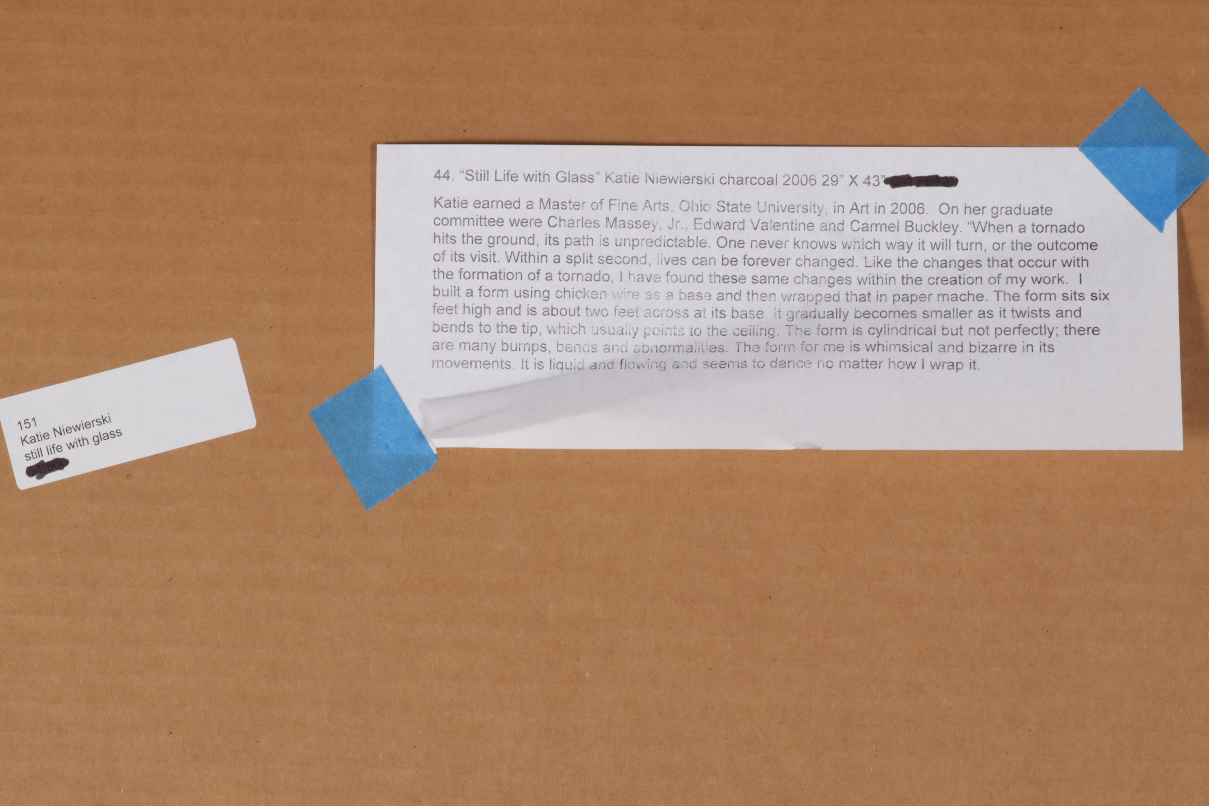 Katie Niewierski Charcoal and Conté Drawing "Still Life With Glass," 2006