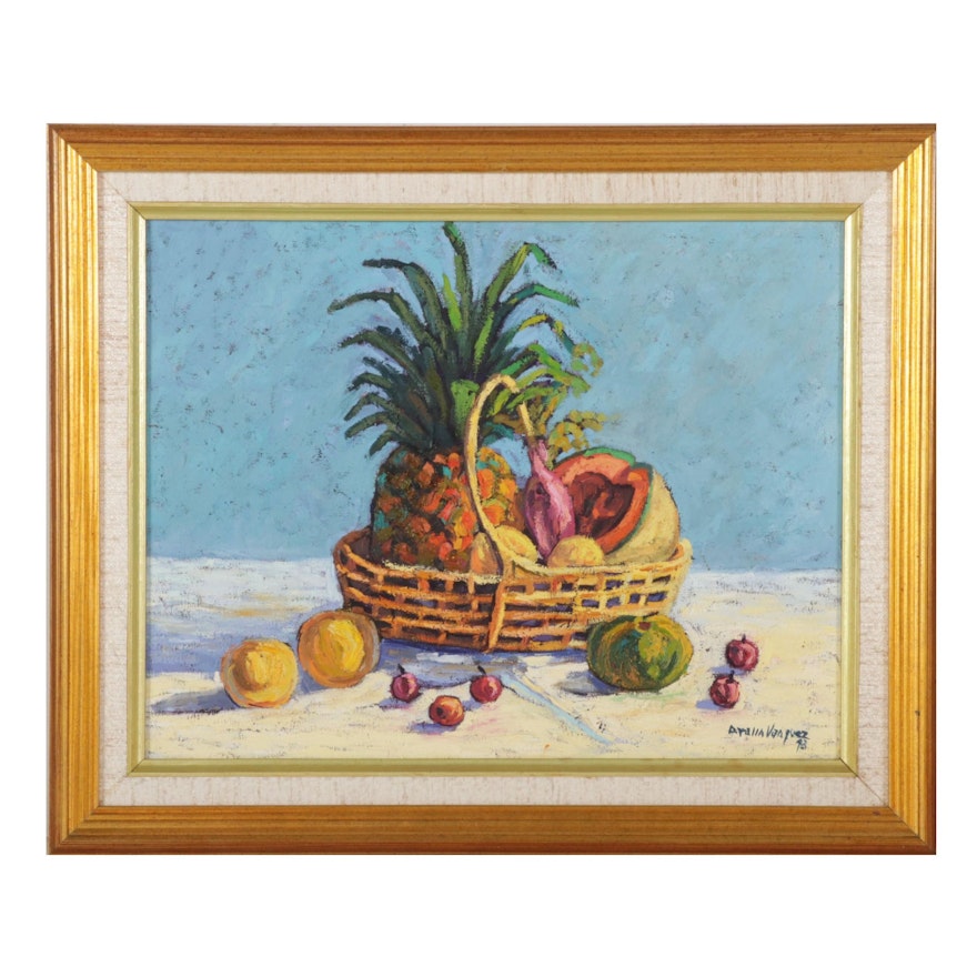 Aralla Vasquez Still Life Oil Painting of Fruit in Wicker Basket, 1993