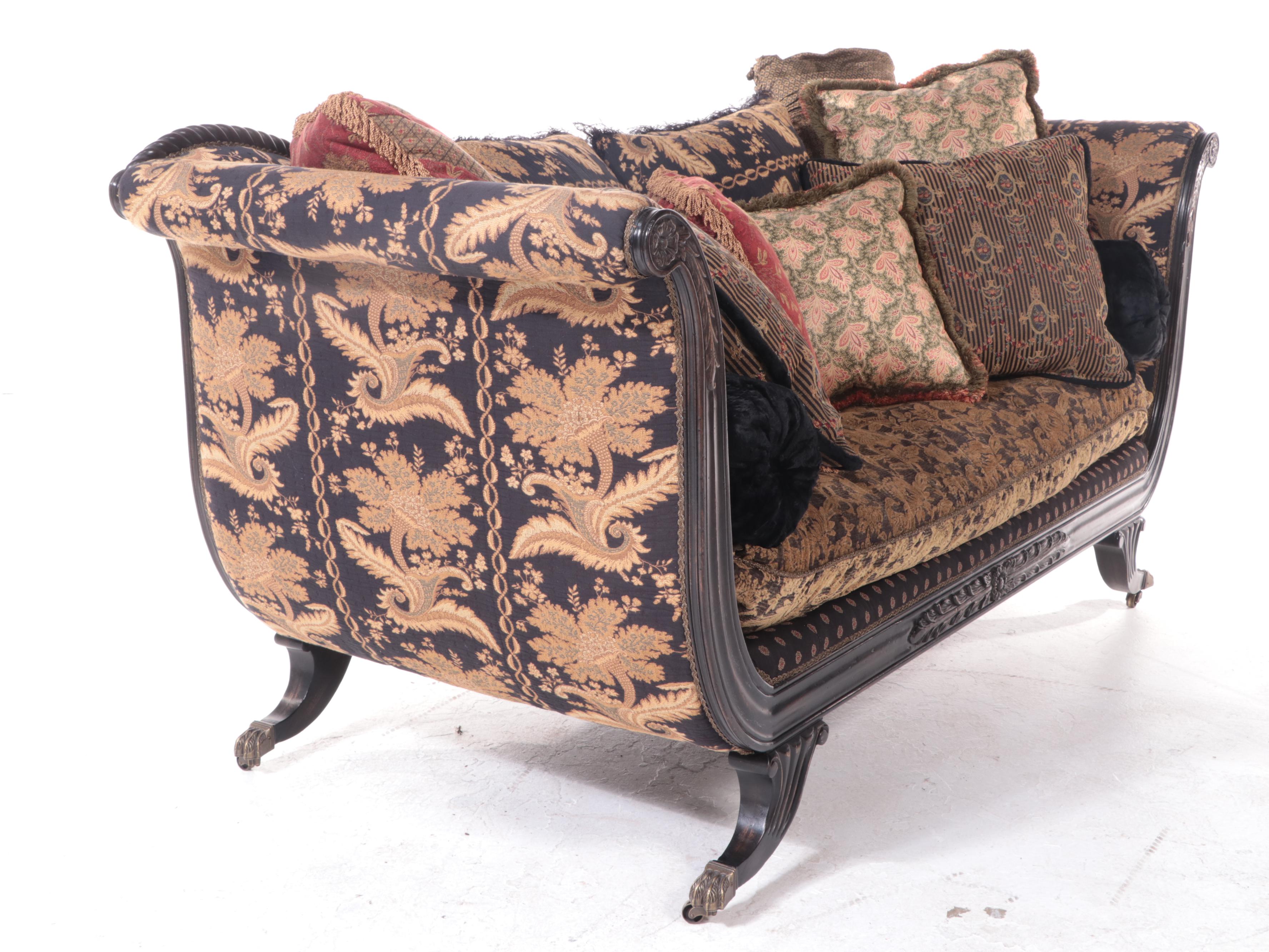 Carol Hicks Bolton and EJ Victor Ebonized Wood Sofa in Custom Upholstery