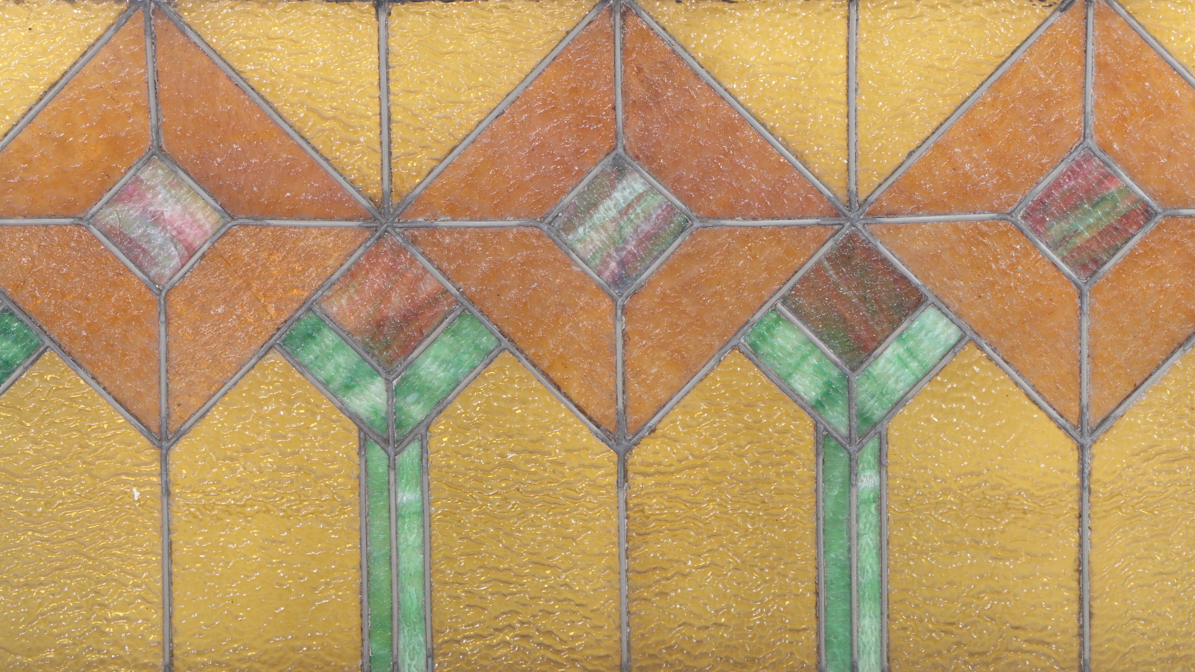 Arts and Crafts Slag and Amber Glass Window Panel