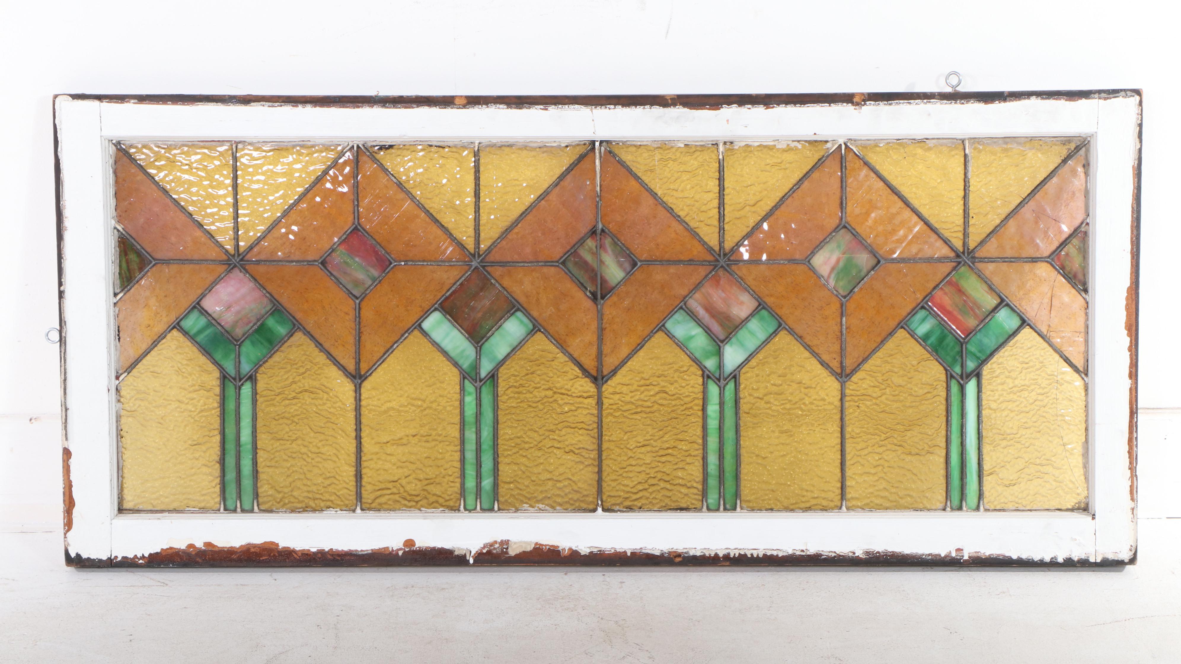 Arts and Crafts Slag and Amber Glass Window Panel