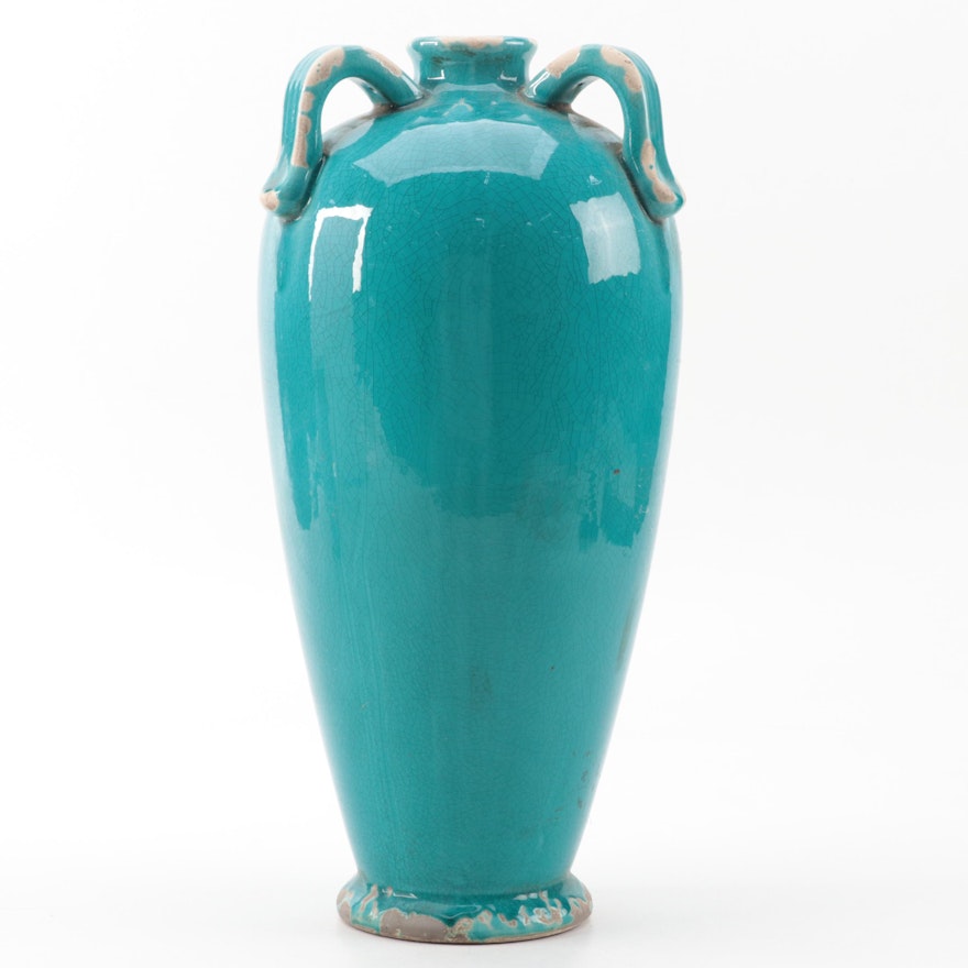 Turquoise Glazed Stoneware Three-Handled Jar