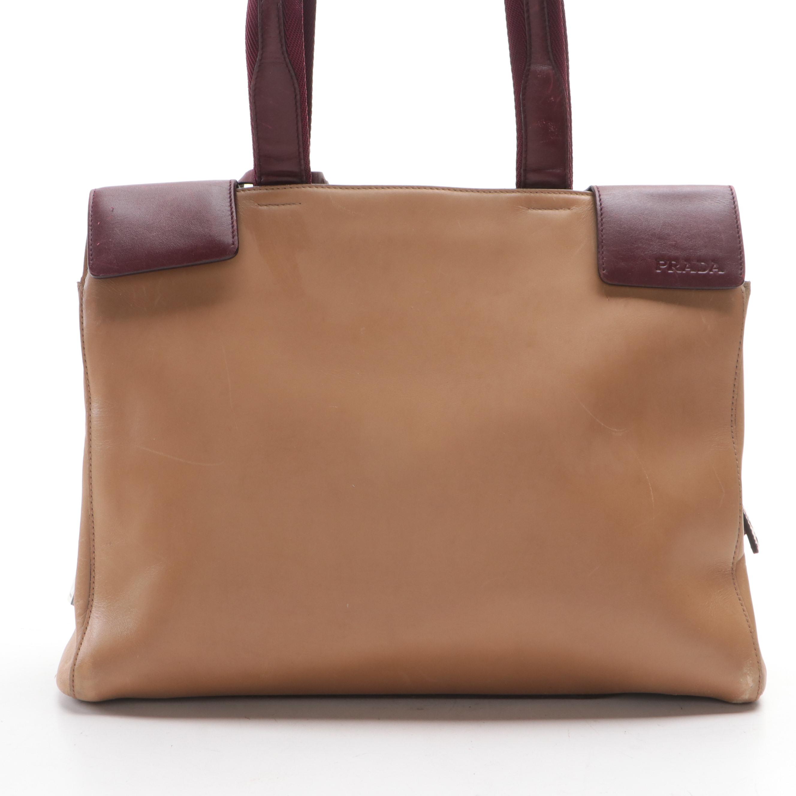 Prada Shoulder Bag in Tan and Burgundy Leather