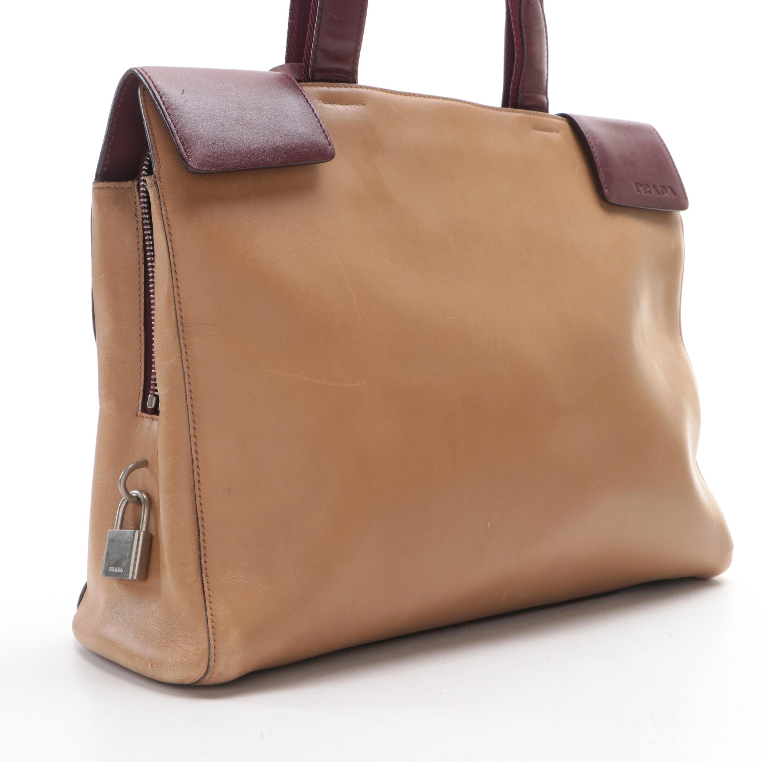 Prada Shoulder Bag in Tan and Burgundy Leather