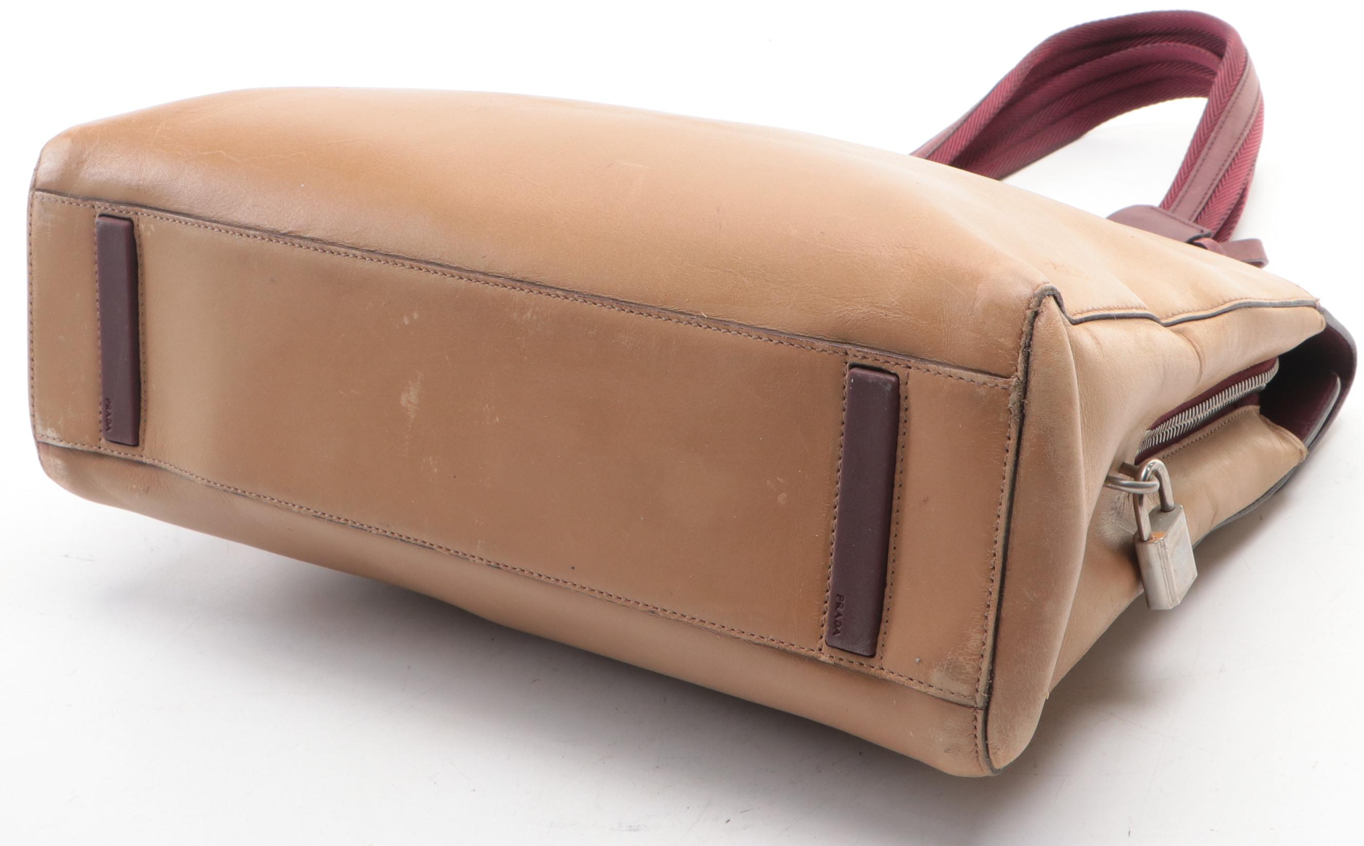 Prada Shoulder Bag in Tan and Burgundy Leather