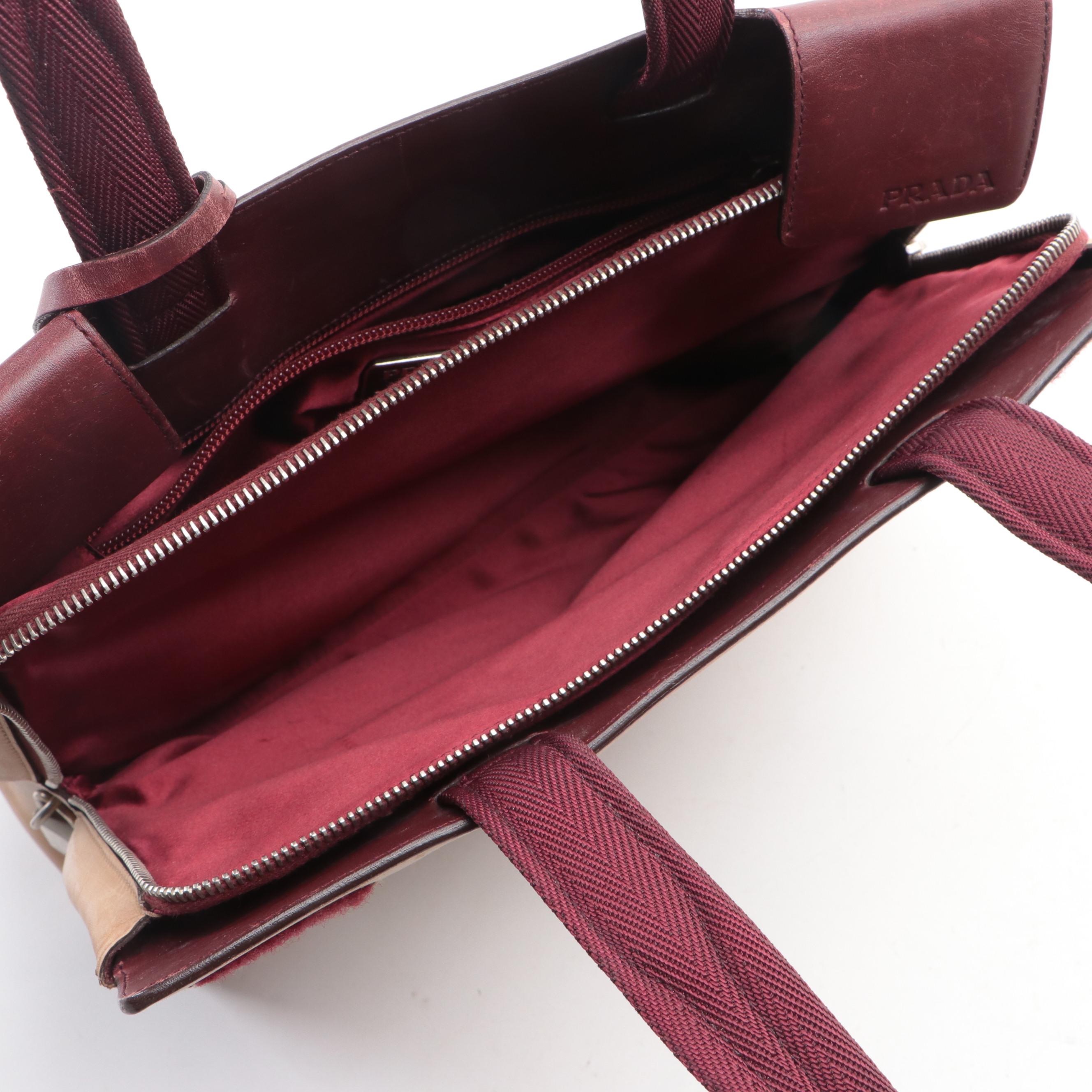 Prada Shoulder Bag in Tan and Burgundy Leather