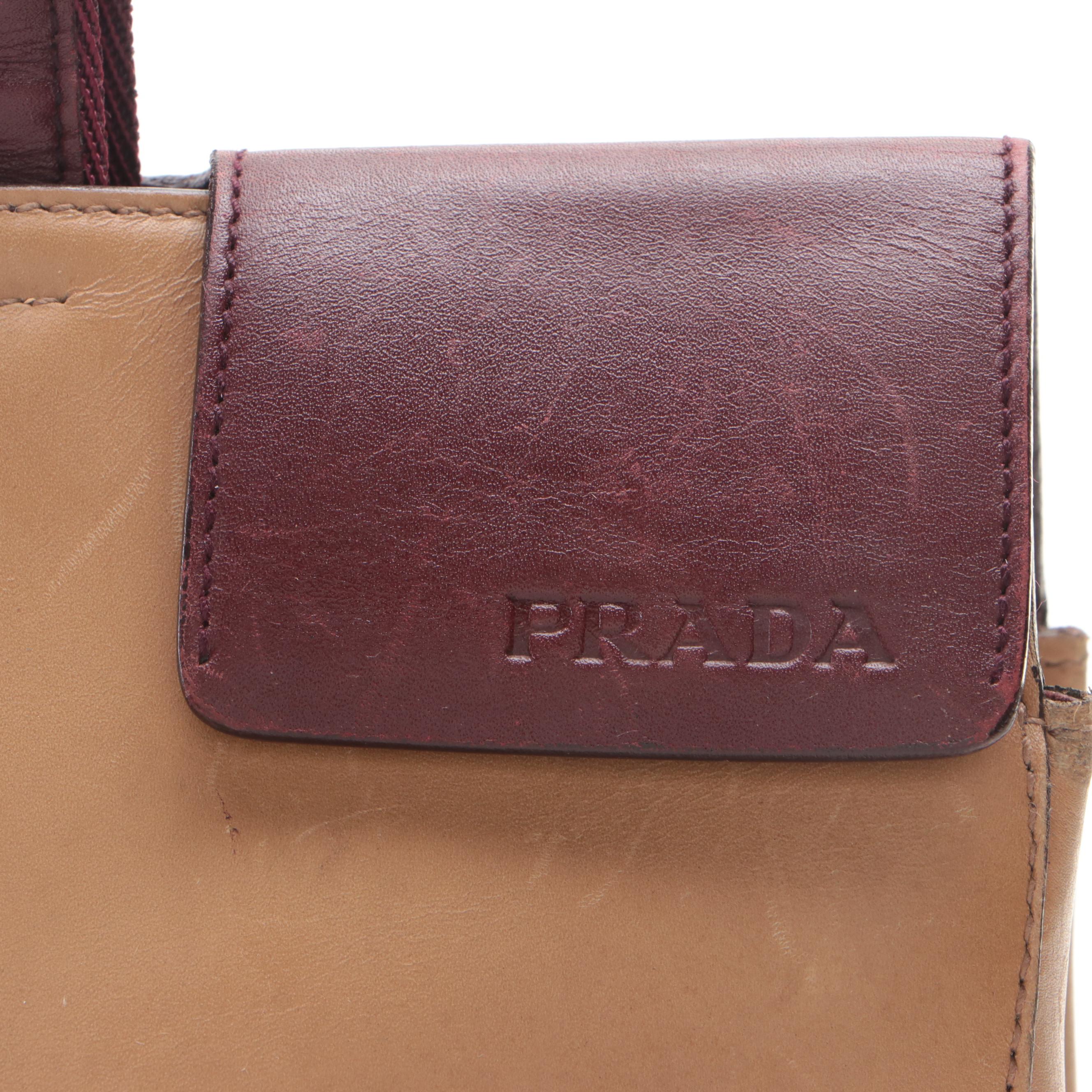 Prada Shoulder Bag in Tan and Burgundy Leather