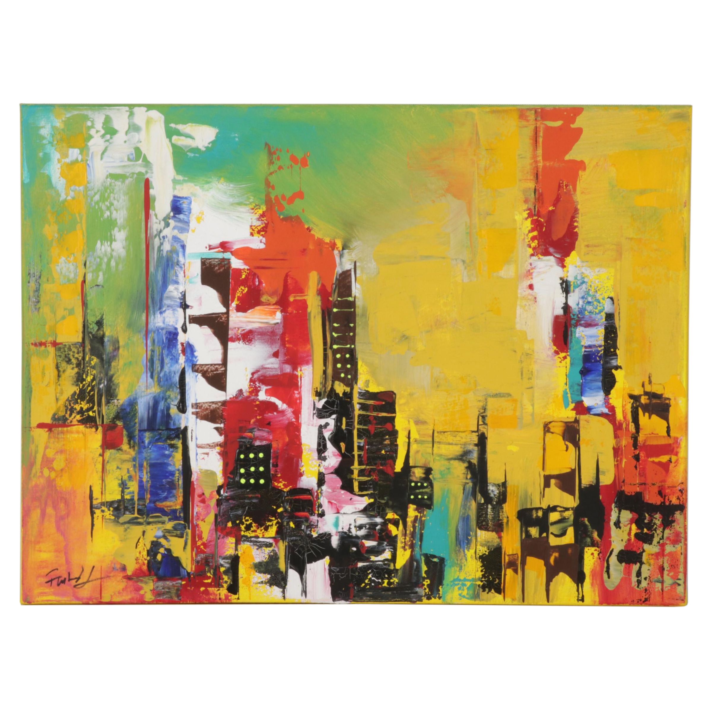 Farshad Lanjani Acrylic Painting of Abstract Cityscape, 21st Century