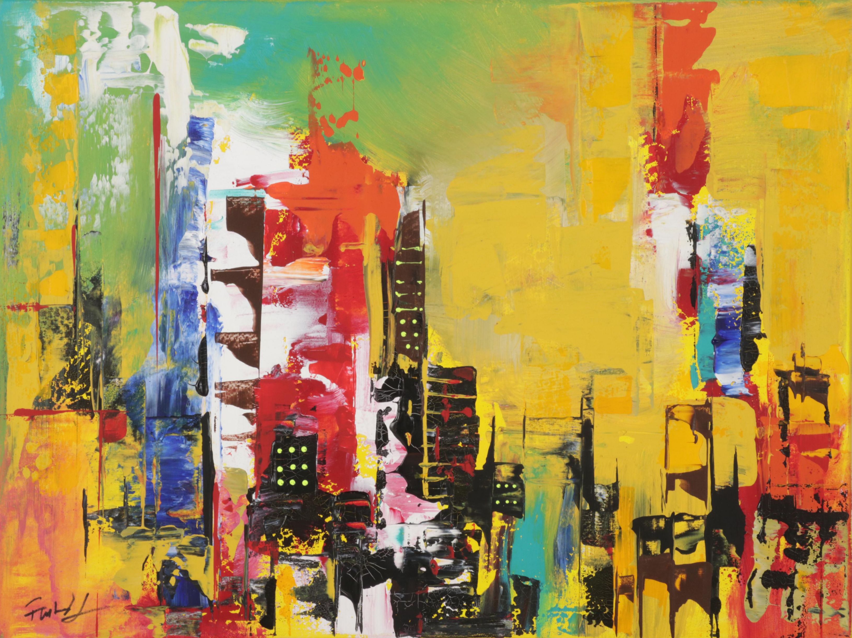 Farshad Lanjani Acrylic Painting of Abstract Cityscape, 21st Century