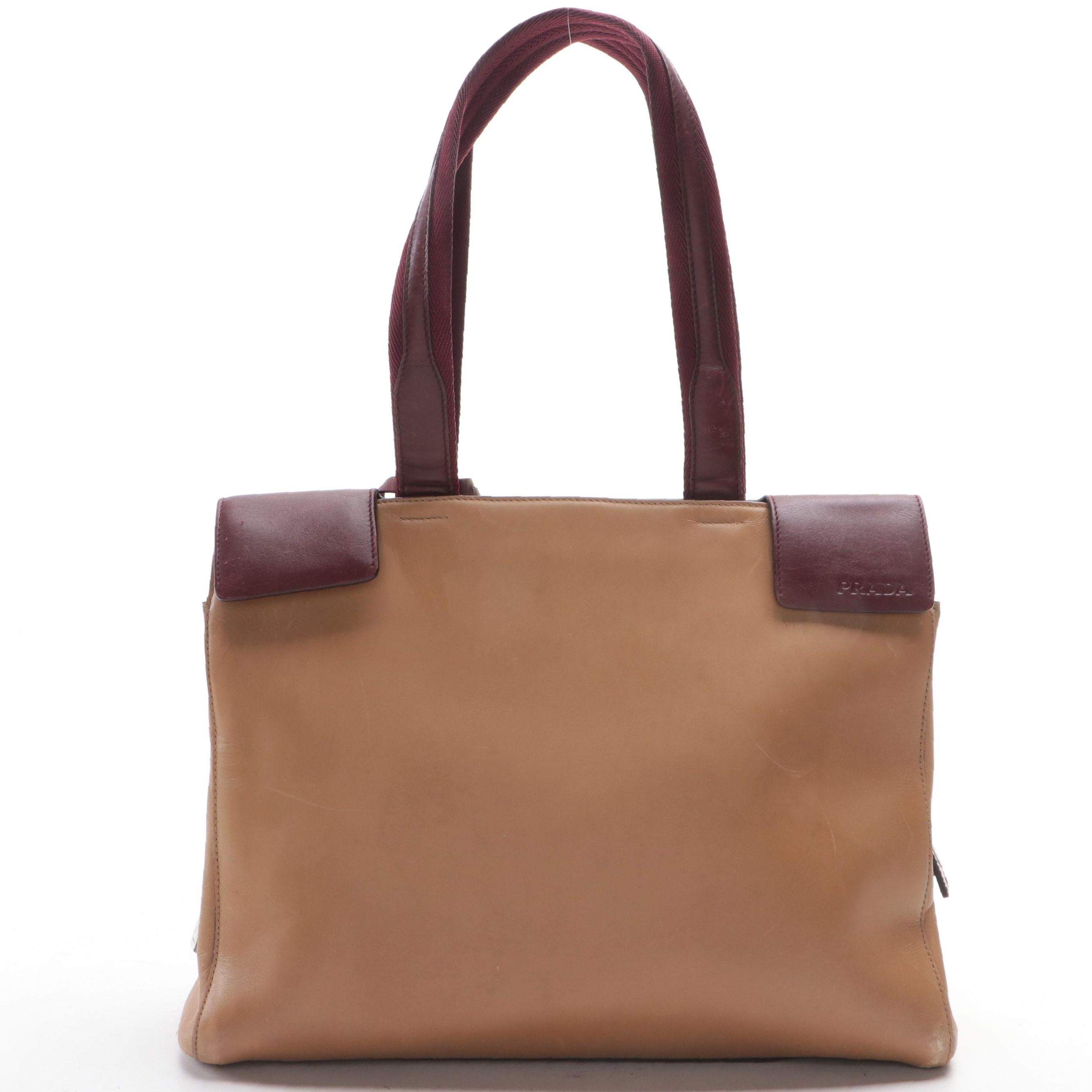 Prada Shoulder Bag in Tan and Burgundy Leather