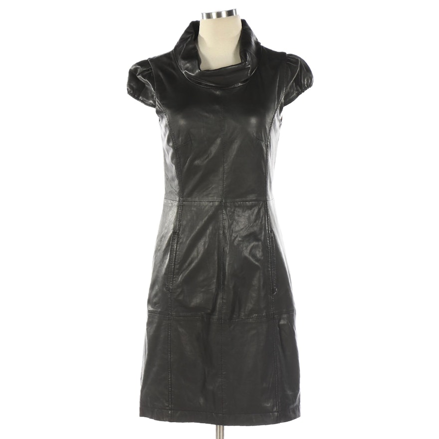 Comma Black Leather Fitted Dress with Cap Sleeves