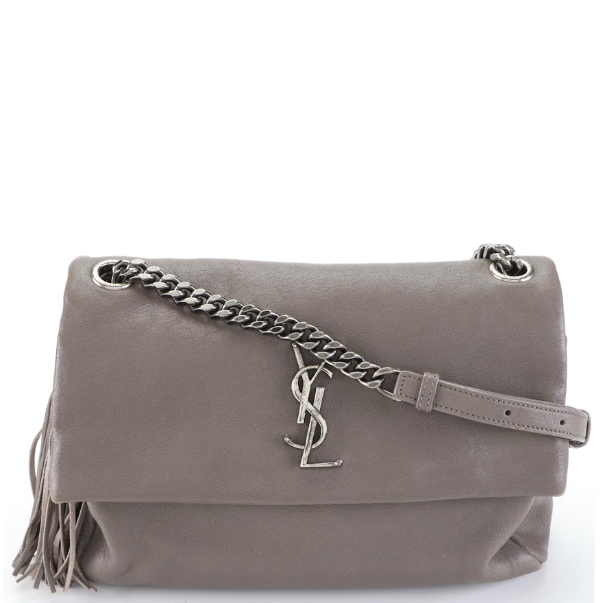 YSL Saint Laurent Flap Front Shoulder Bag in Grey Leather with Tassel