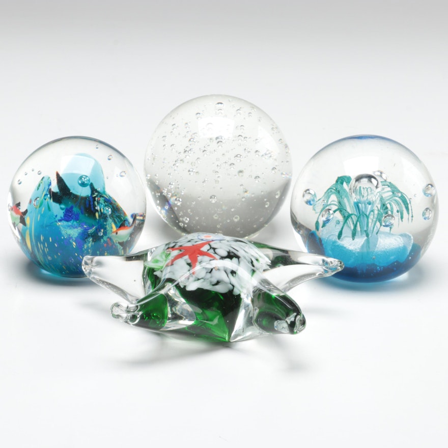 Handcrafted Aquatic, Floral and Trapped Bubble Art Glass Paperweights