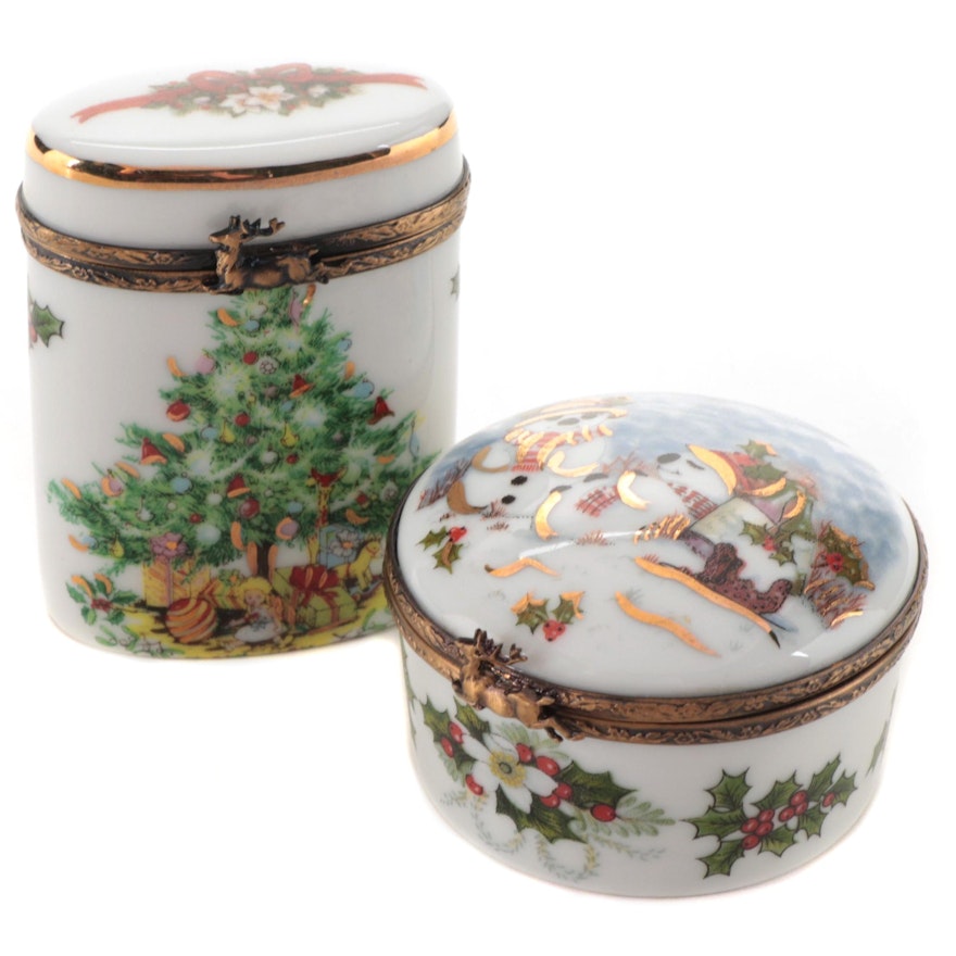 Print Transfer with Hand-Painted Gilding Christmas Porcelain Limoges Boxes
