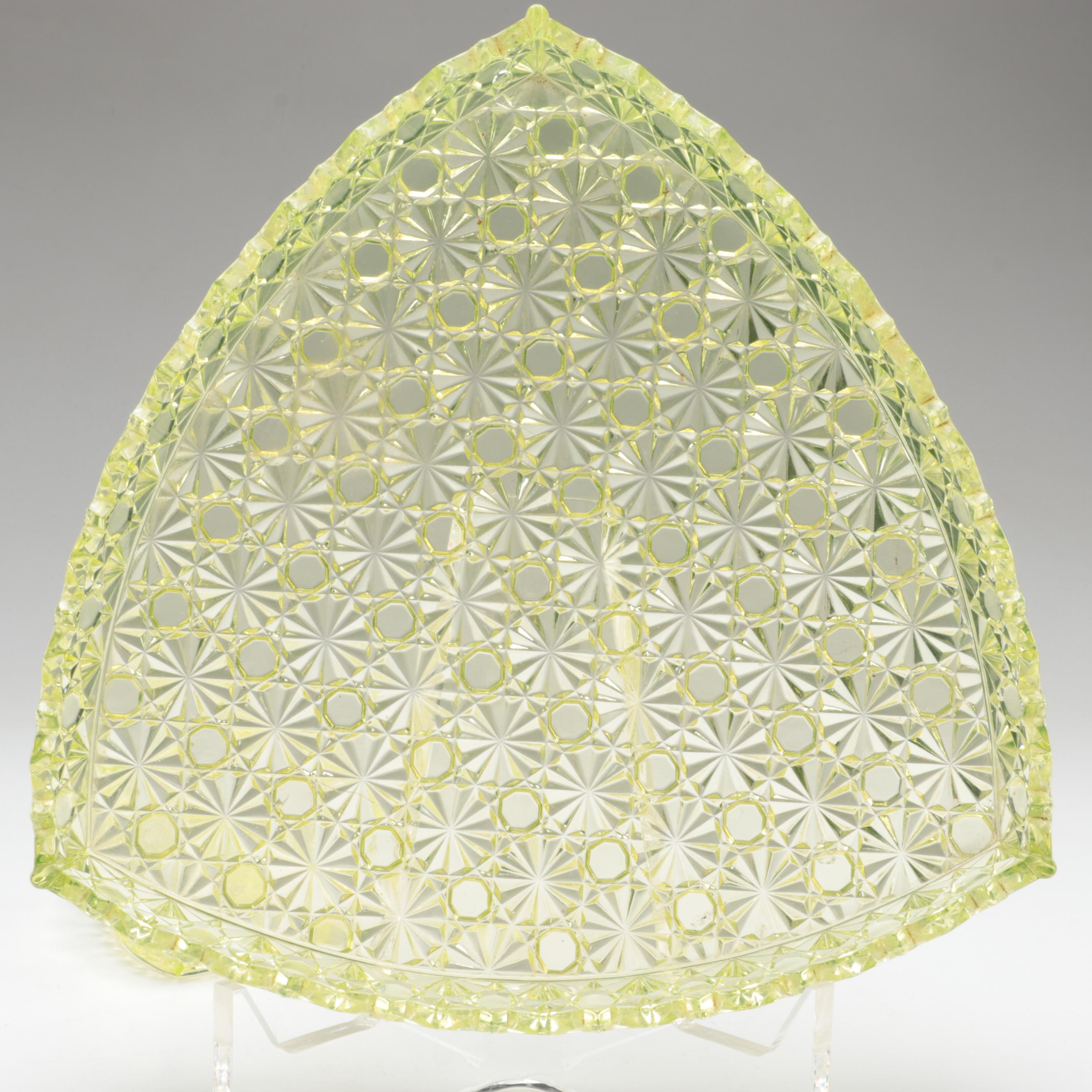 EAPG Daisy and Button Vaseline Glass Tableware with Fenton "Basketweave" Vase