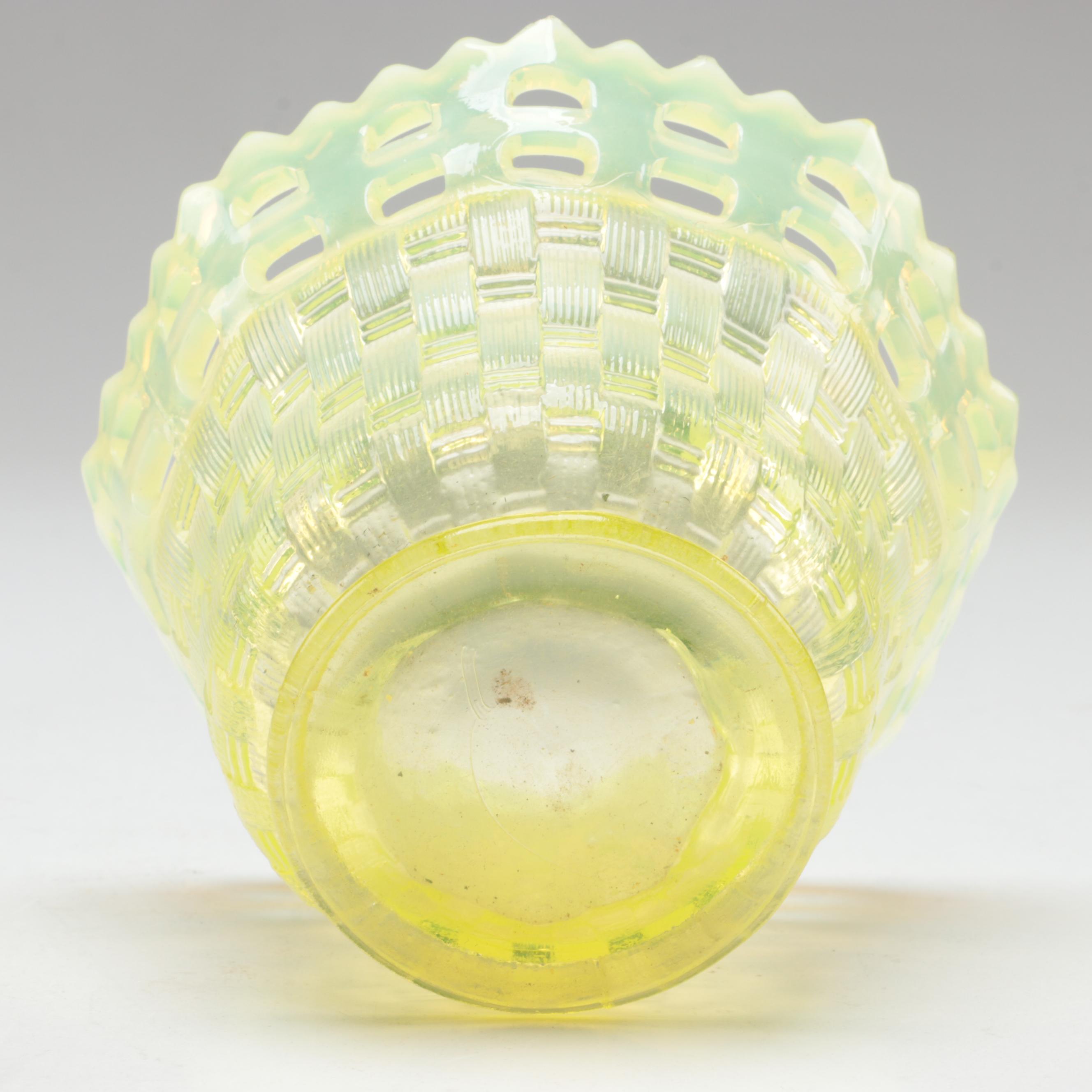 EAPG Daisy and Button Vaseline Glass Tableware with Fenton "Basketweave" Vase